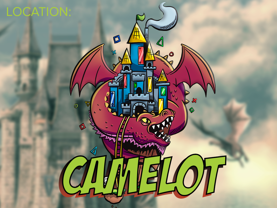 Text, "Camelot" on a realistic background of a dragon castle, illustrated image of Smashcraft's Camelot and Merlin's hut floating in the foreground.