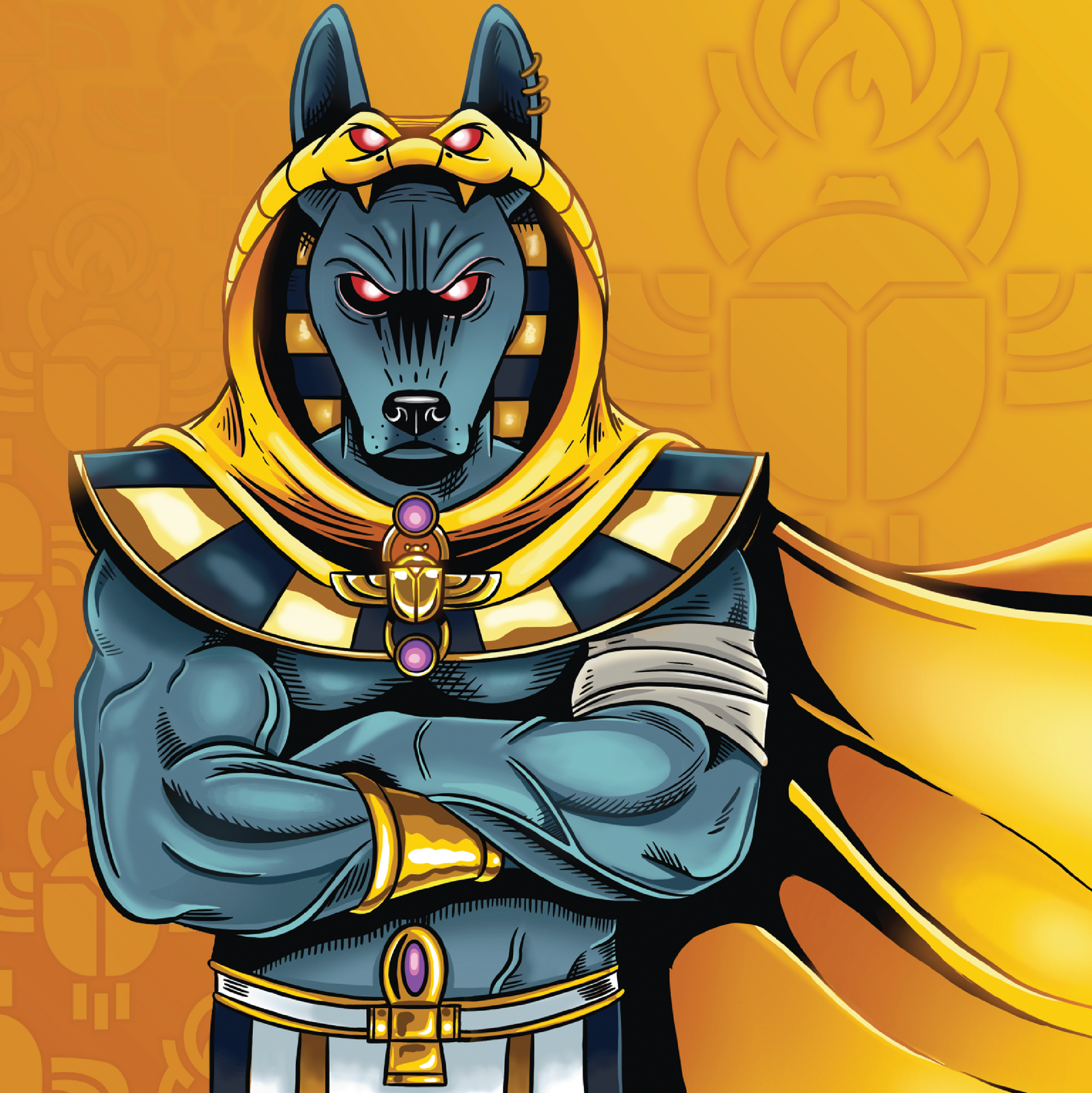 Comic style drawing of mythological character, Anubis, action figure with Egyptian style clothing and a goldenrod yellow jackal hat.