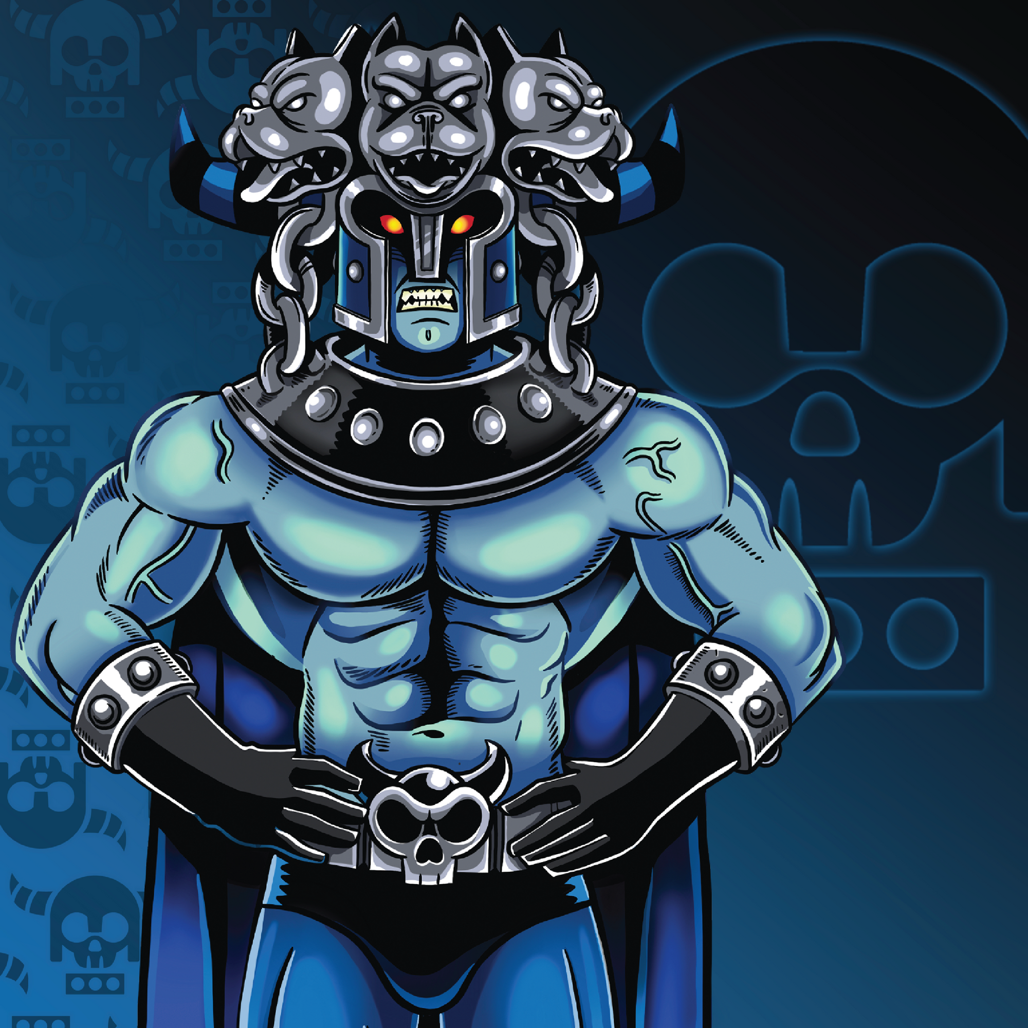 Comic style drawing of Greek Mythology character, Hades, action figure with Cerberus helmet with navy and black horns, and skull belt