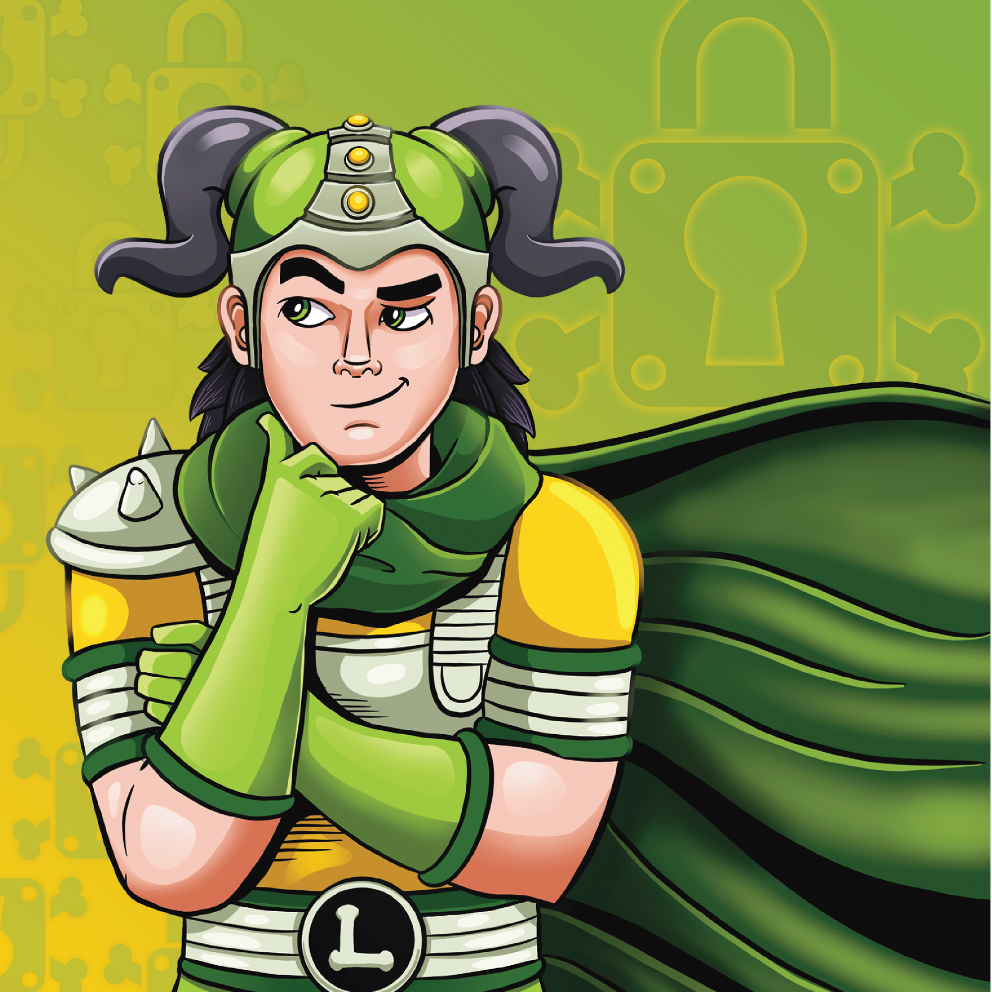 Comic style drawing of Norse folk lore character, Loki, action figure with horned lemon lime helmet and a manic grin