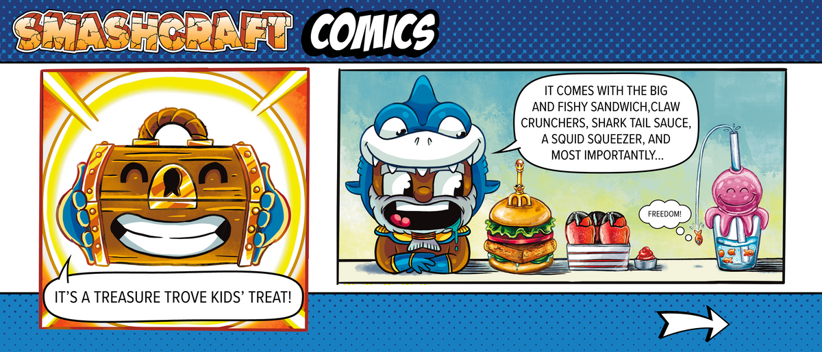 Comic strip showing Poseidon introducing the Treasure Trove kids' treat with all the food it comes with.