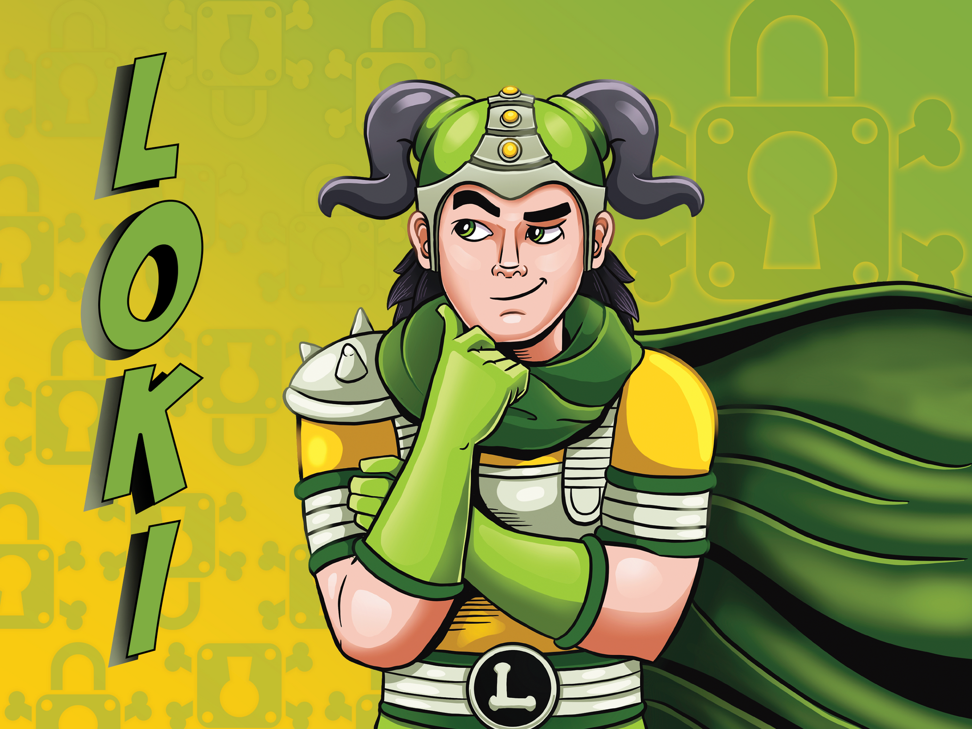 Comic style Norse folk lore character, wearing horned lemon lime helmet with lock and bone icon in background, with name title Loki