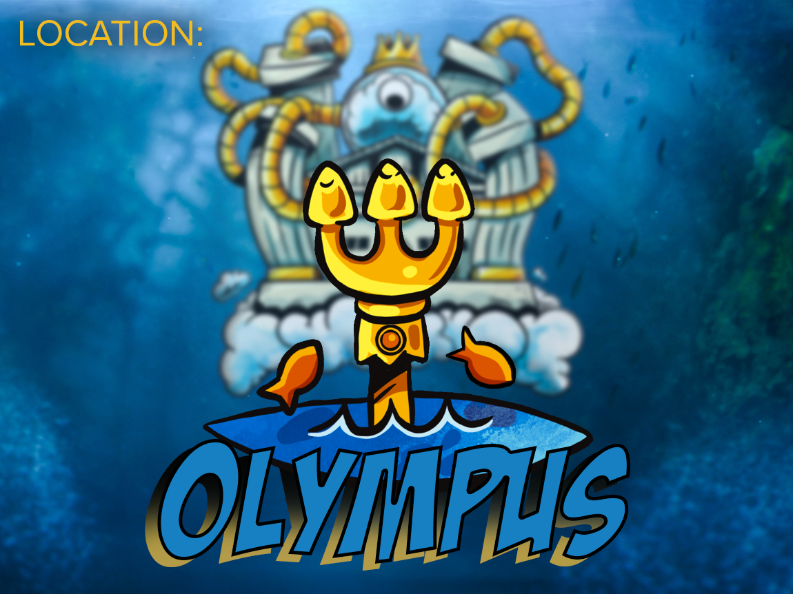 Text, "Olympus" on a realistic background of an ocean, illustrated image of trident in water and Smashcraft's Olympus in the foreground.