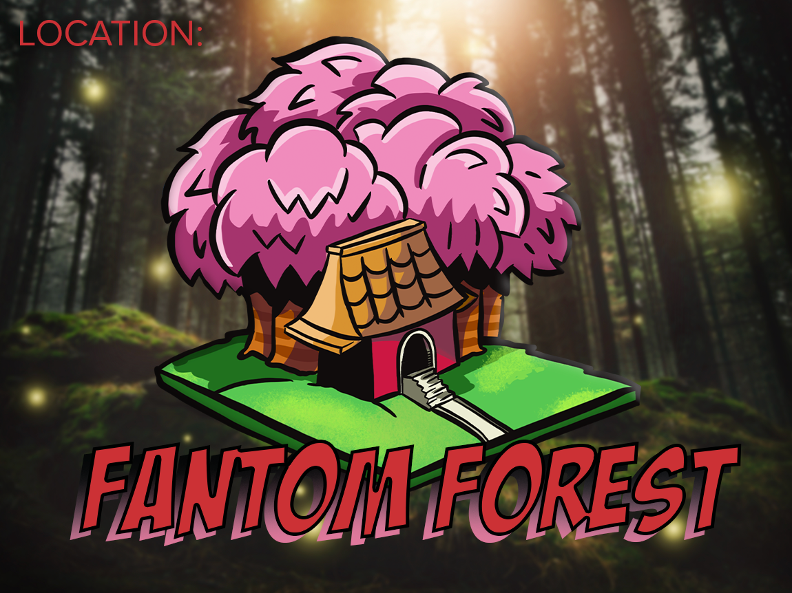 Text, "Fantum Forest" on a realistic background of a magical forest, illustrated image of Smashcraft's Fantum Forest in the foreground.