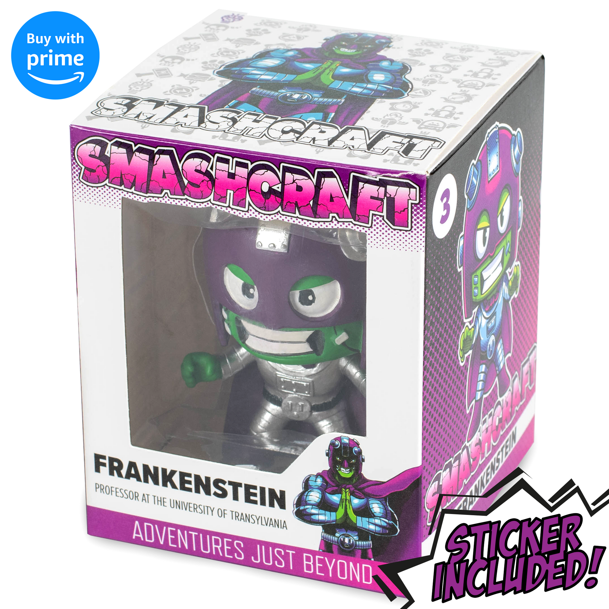 Smashcraft Frankenstein collectors box, with back story and memorabilia monster character sticker