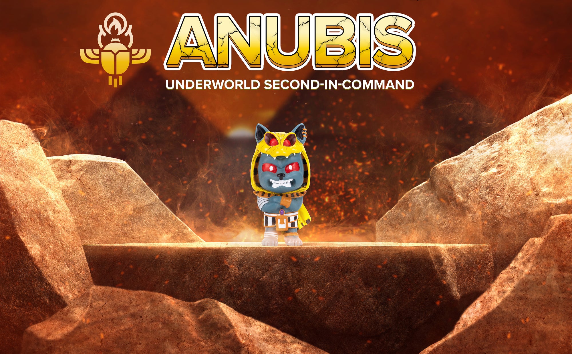 Anubis Smashcraft collectible in realistic Underworld with pyramids. Text "Anubis, Underworld Second-in-Command" and Anubis' beetle logo