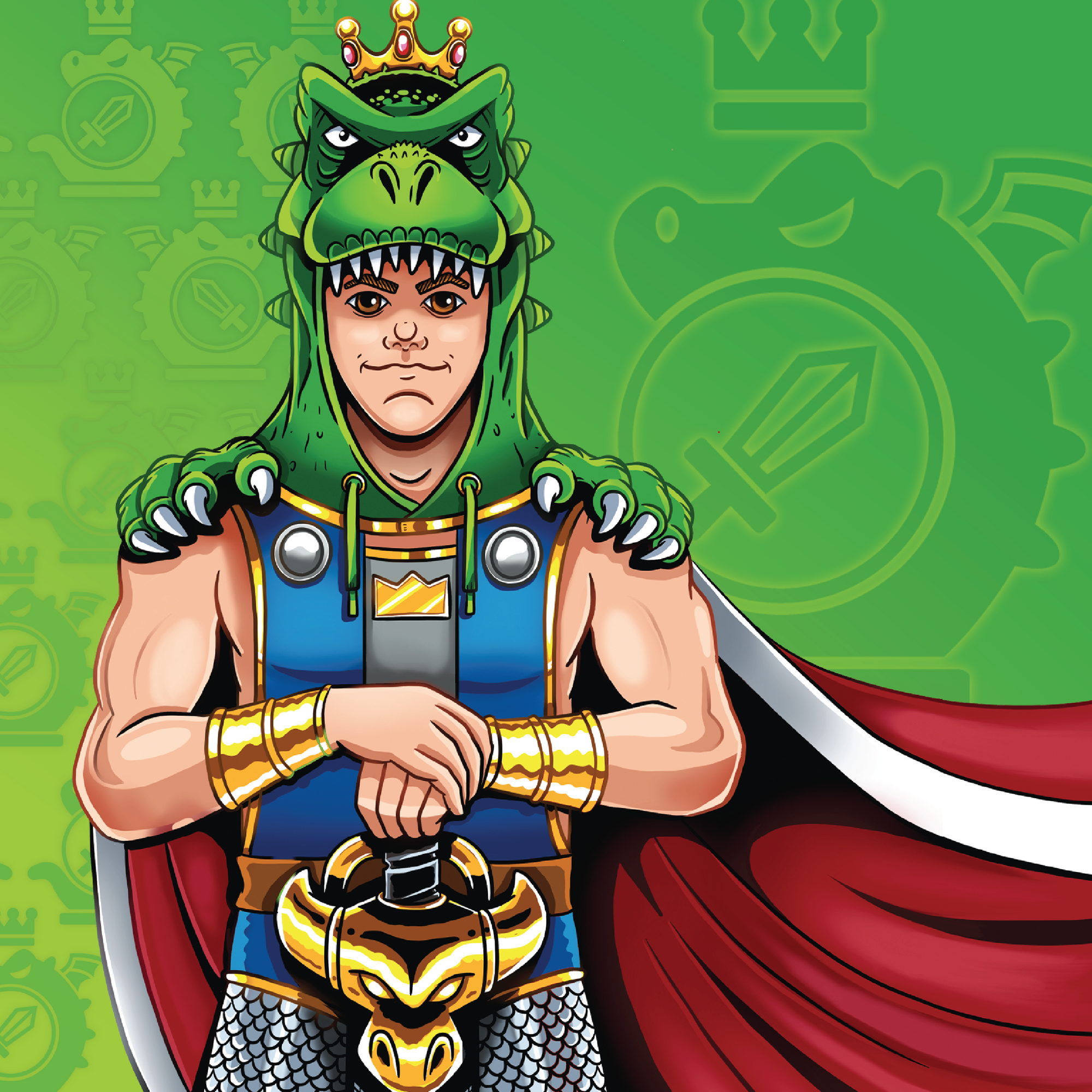 Comic style drawing of legendary King of Camelot, Arthur Pendragon, with a crown and a dragon hat and cloak of emerald green.