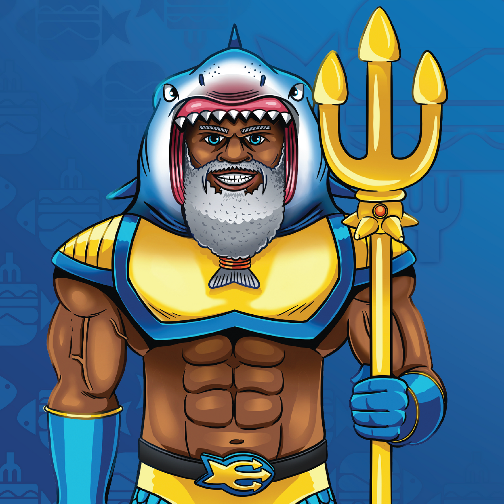 Comic style drawing of Greek Mythology character, Poseidon, action figure with trident and a cerulean blue shark hat
