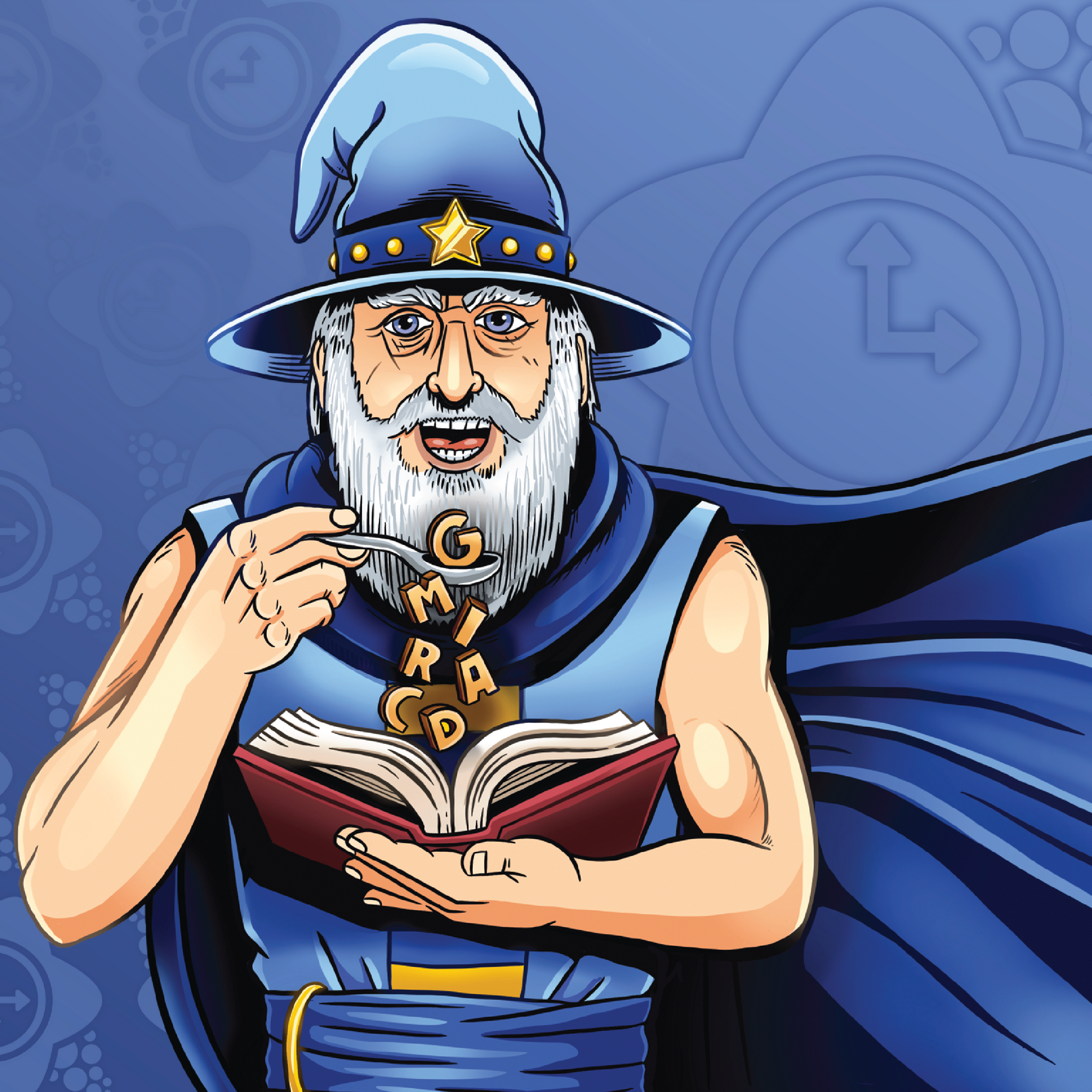 Comic style drawing of legendary wizard, Merlin, action figure with a sky blue cape, holding a book and flame.