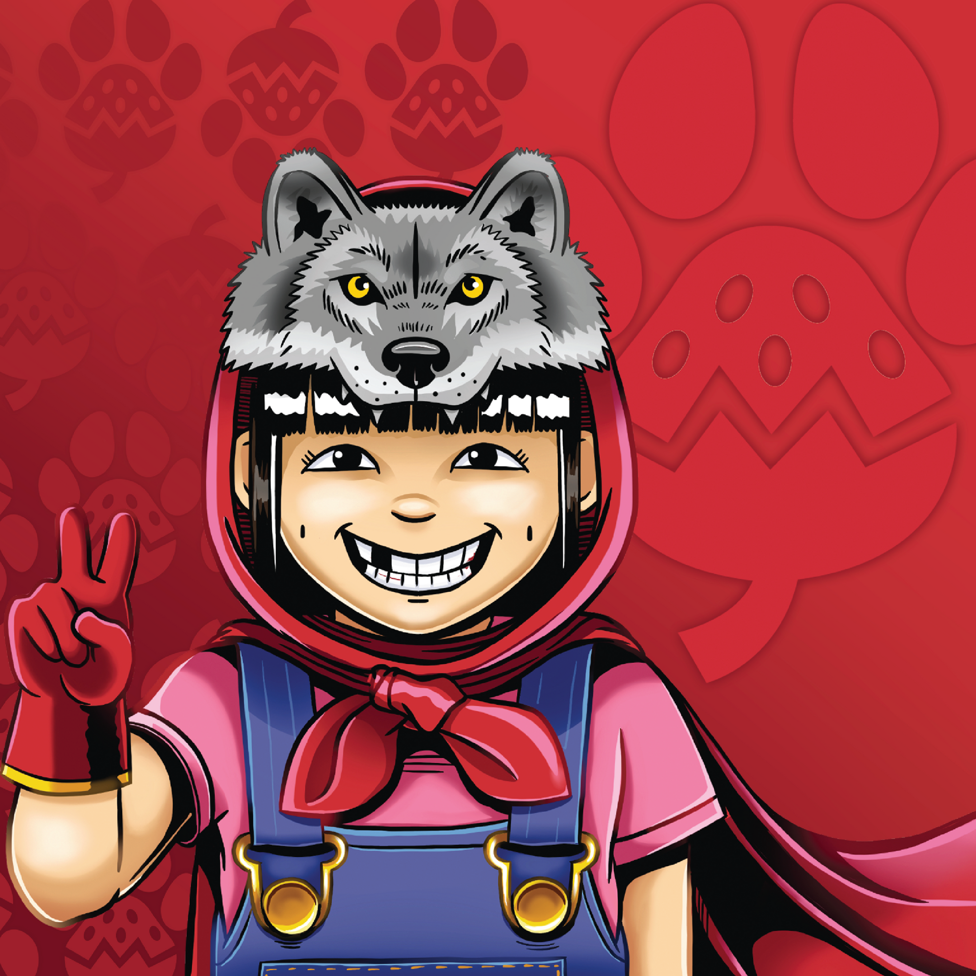 Comic style drawing of folk lore character, Little Red Riding Hood, action figure with wolf hat and candy apple red cape.