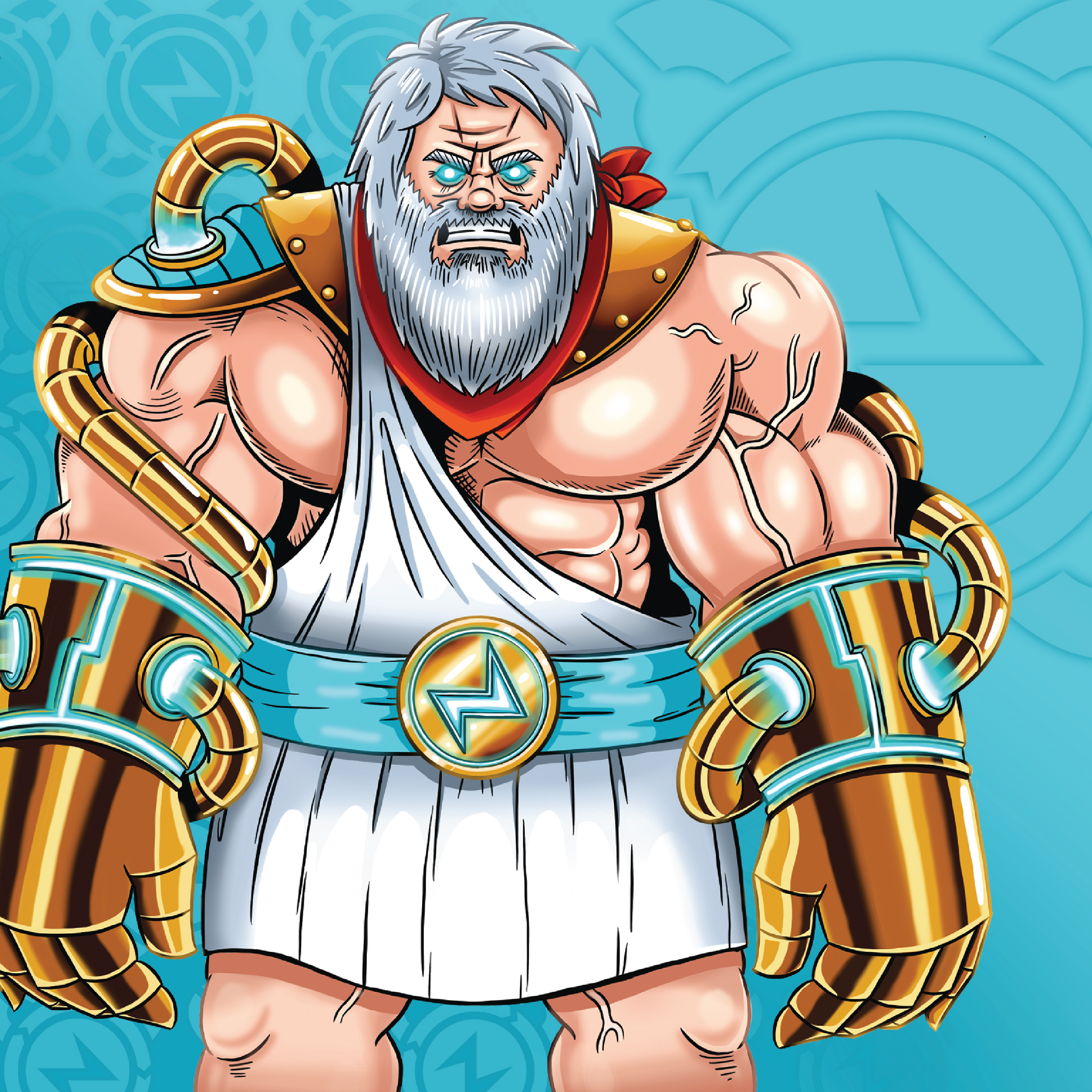 "Comic style drawing of Greek Mythology character, Zeus, action figure with a beard and arctic blue lightning bolt belt "