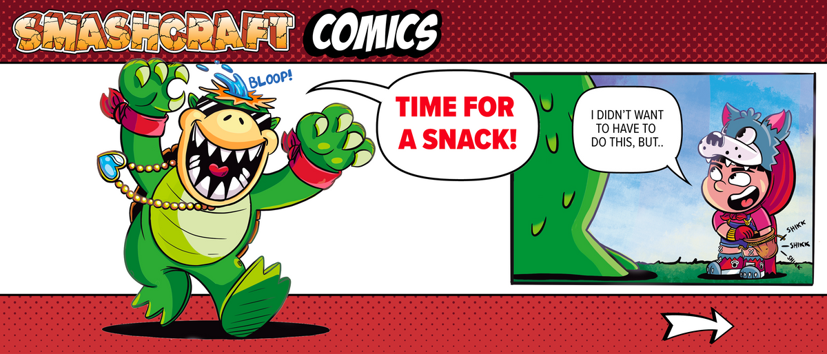Comic strip showing a green monster running and saying "time for a snack". Red is shown reaching into her bag and saying "I didn’t want to have to do this but…"