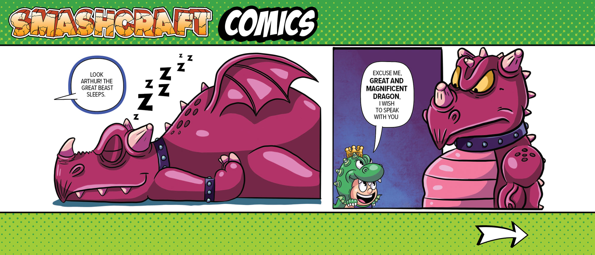 Comic strip showing a magenta dragon sleeping and King arthur approaching the dragon for a conversation.