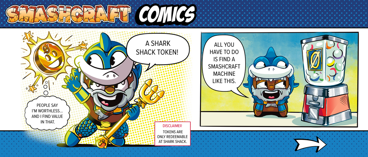 Comic strip showing posideon mentioning the Treasure Trove kids' treat that comes with a Shark Shack Token.