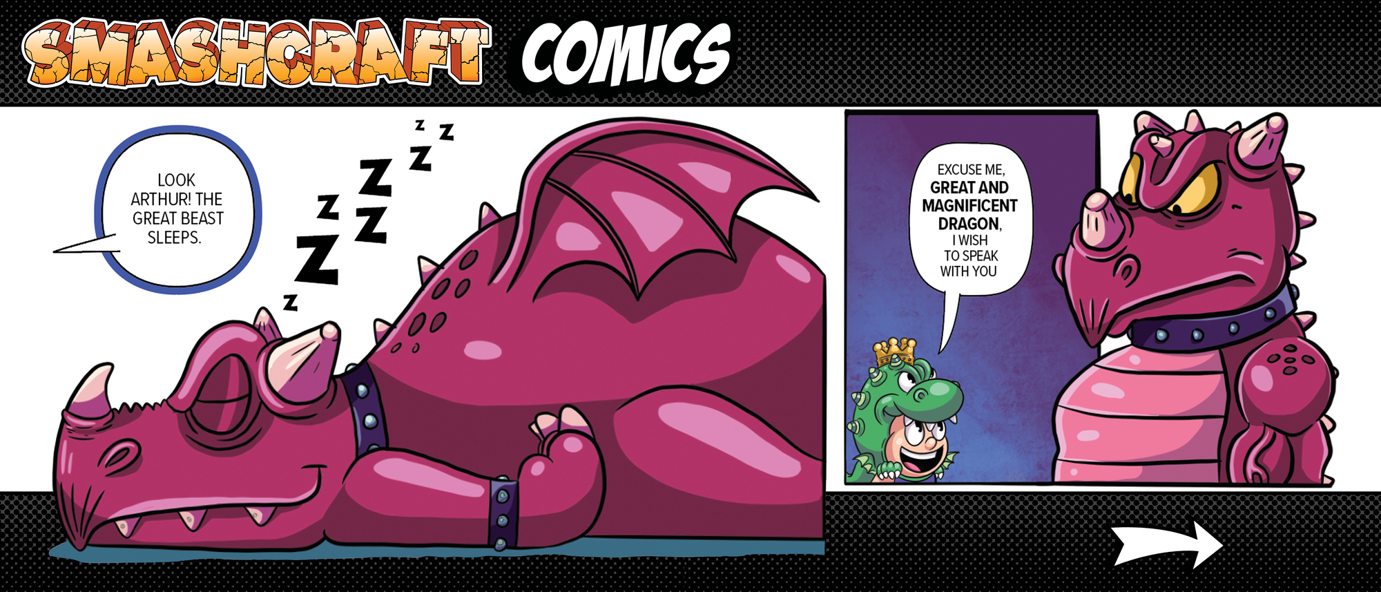 Comic strip showing a magenta dragon sleeping and King arthur approaching the dragon for a conversation.