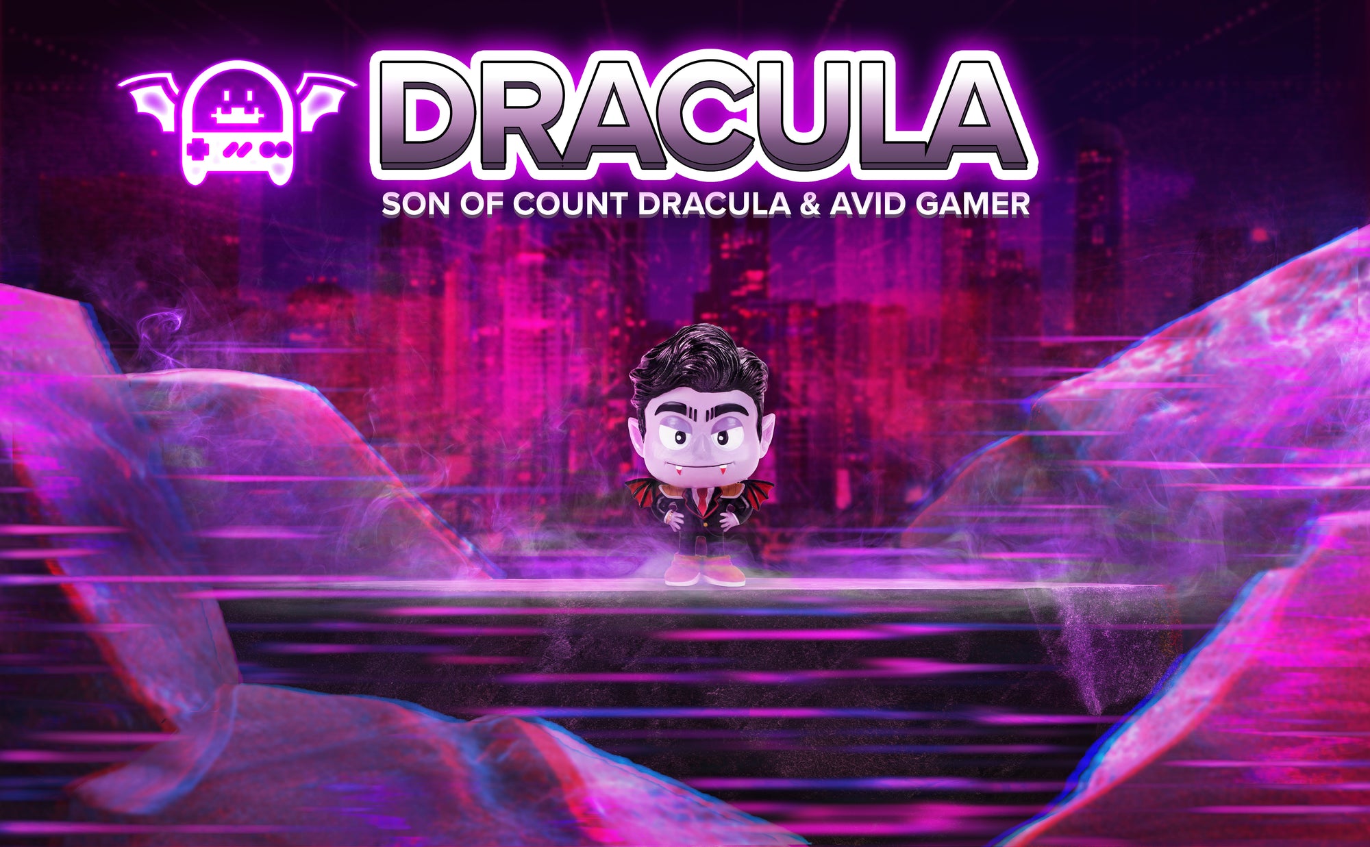 Dracula Smashcraft collectible in realistic futuristic city, Transylvania. Text "Dracula, son of Count Dracula & avid gamer" and Dracula Jr's gamer logo