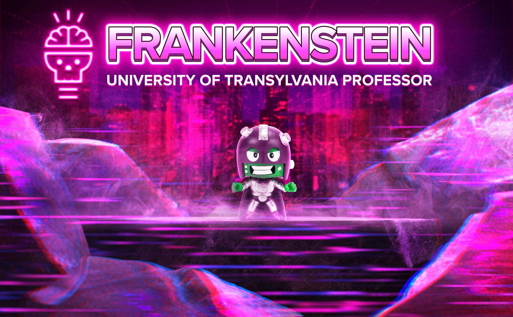 Frankenstein Smashcraft collectible in realistic futuristic city, Transylvania. Text "Frankenstein, University of Transylvania Professor" and Frankenstein's skull brain logo
