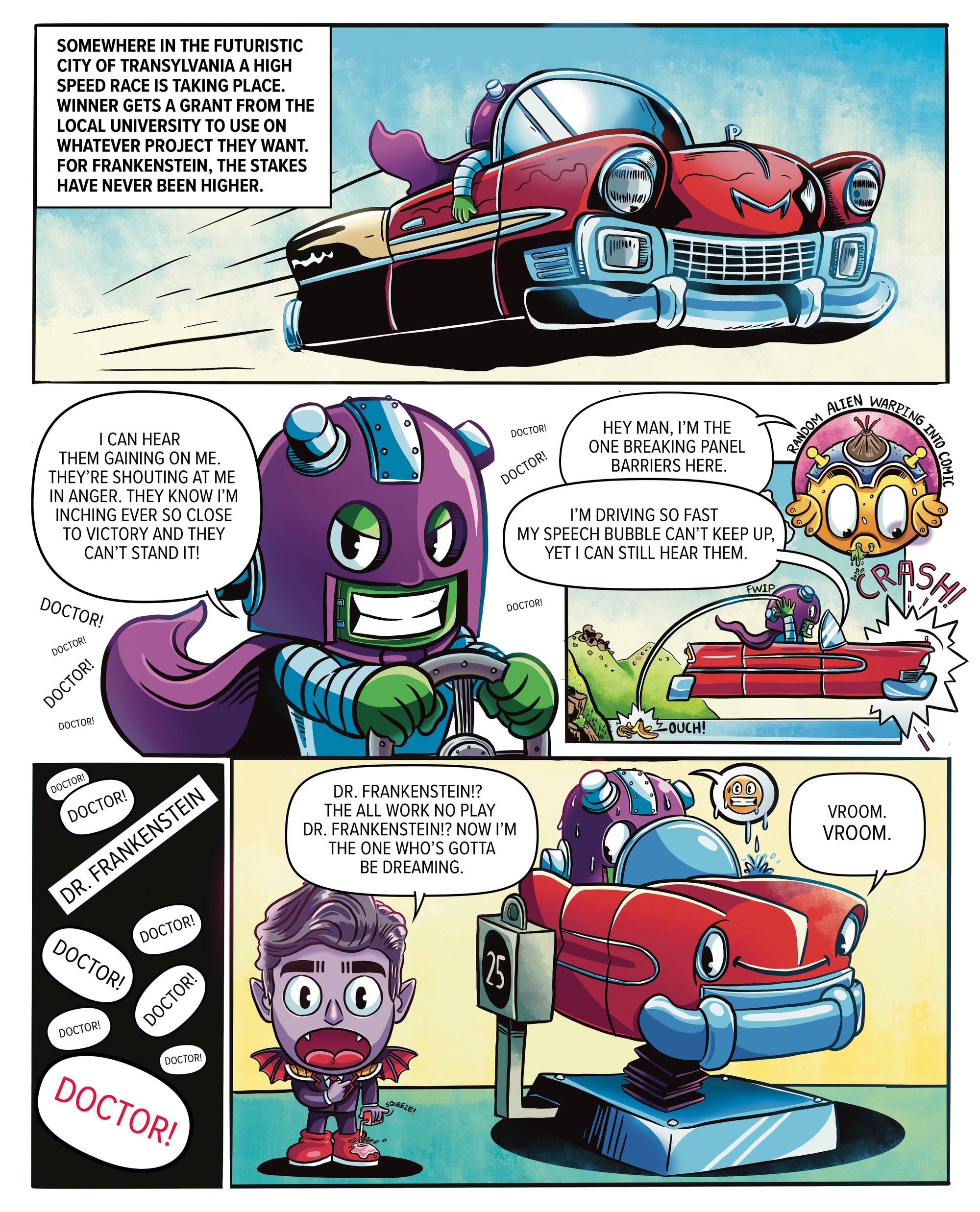Comic strip showing Professor Frankenstein racing around in a flying, shiny red car. Its a high speed race and there are high stakes for the Professor.