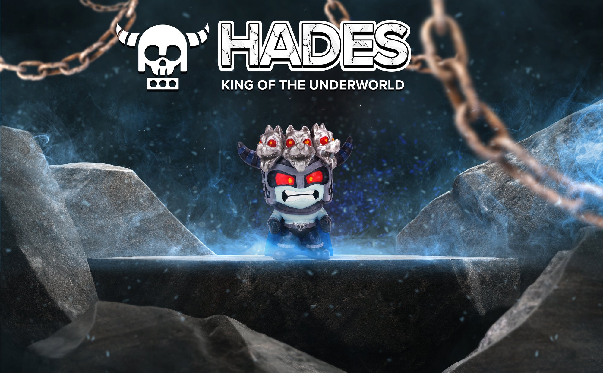 Hades Smashcraft collectible in realistic, dark, rocky Underworld with chains. Text "Hades, King of the Underworld" and Hades' skull horned helmet logo