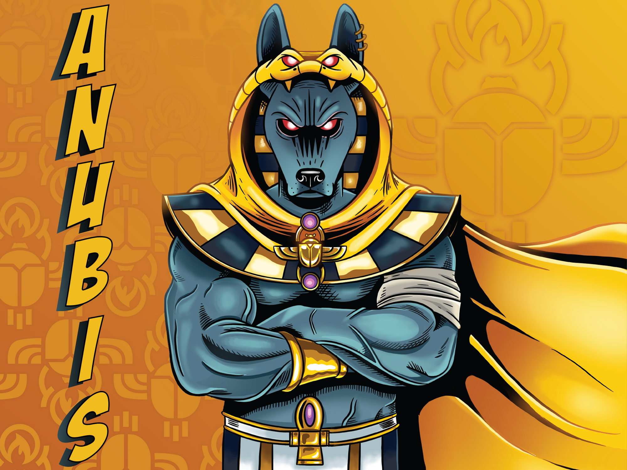 Comic style mythological character, wearing Egyptian style clothing and a goldenrod yellow jackal hat with beetle and fire icon in background, with name title Anubis
