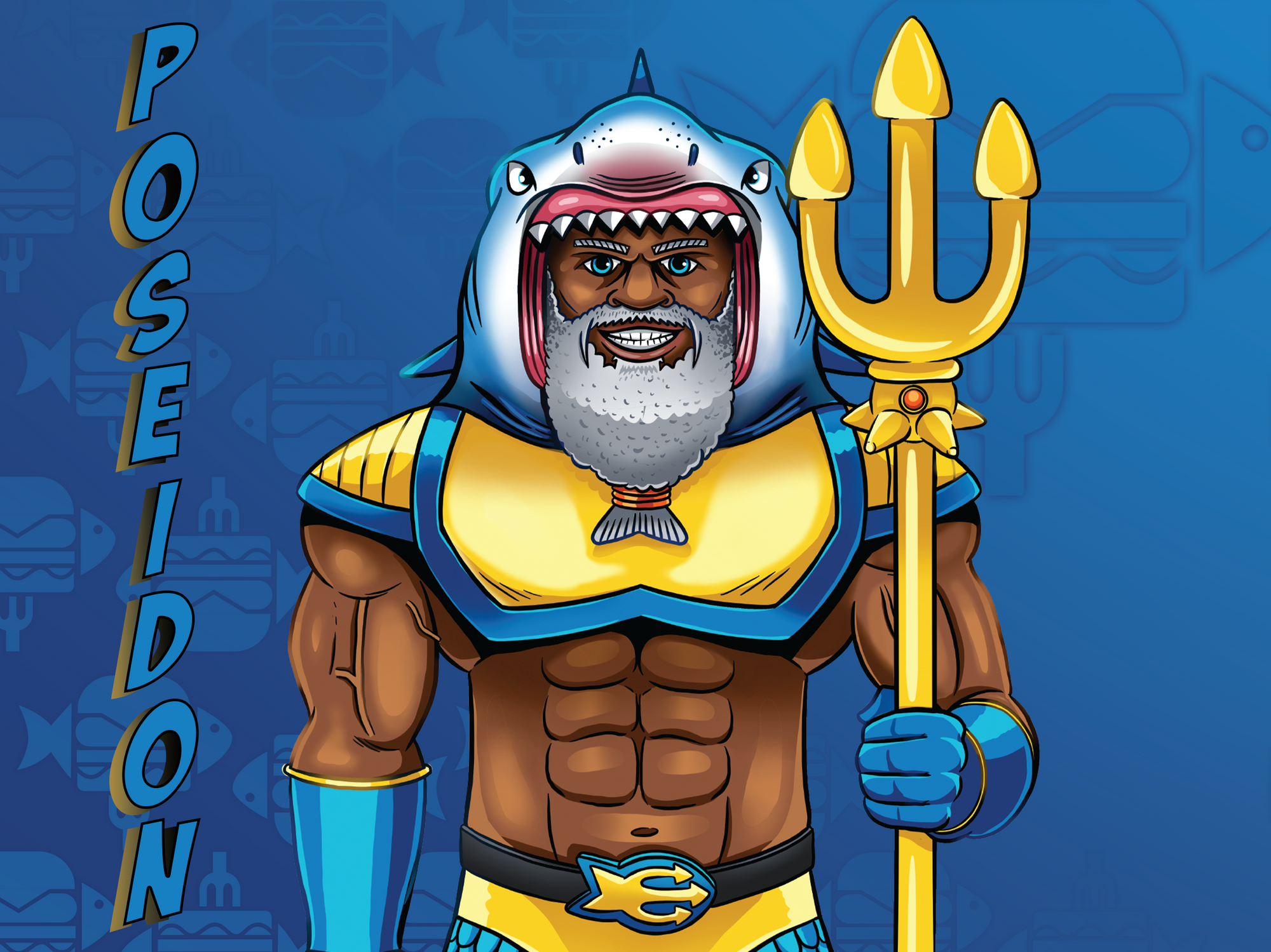 Comic style Greek Mythology character, with trident and a cerulean blue shark hat with fish sandwich icon in background, with name title Poseidon