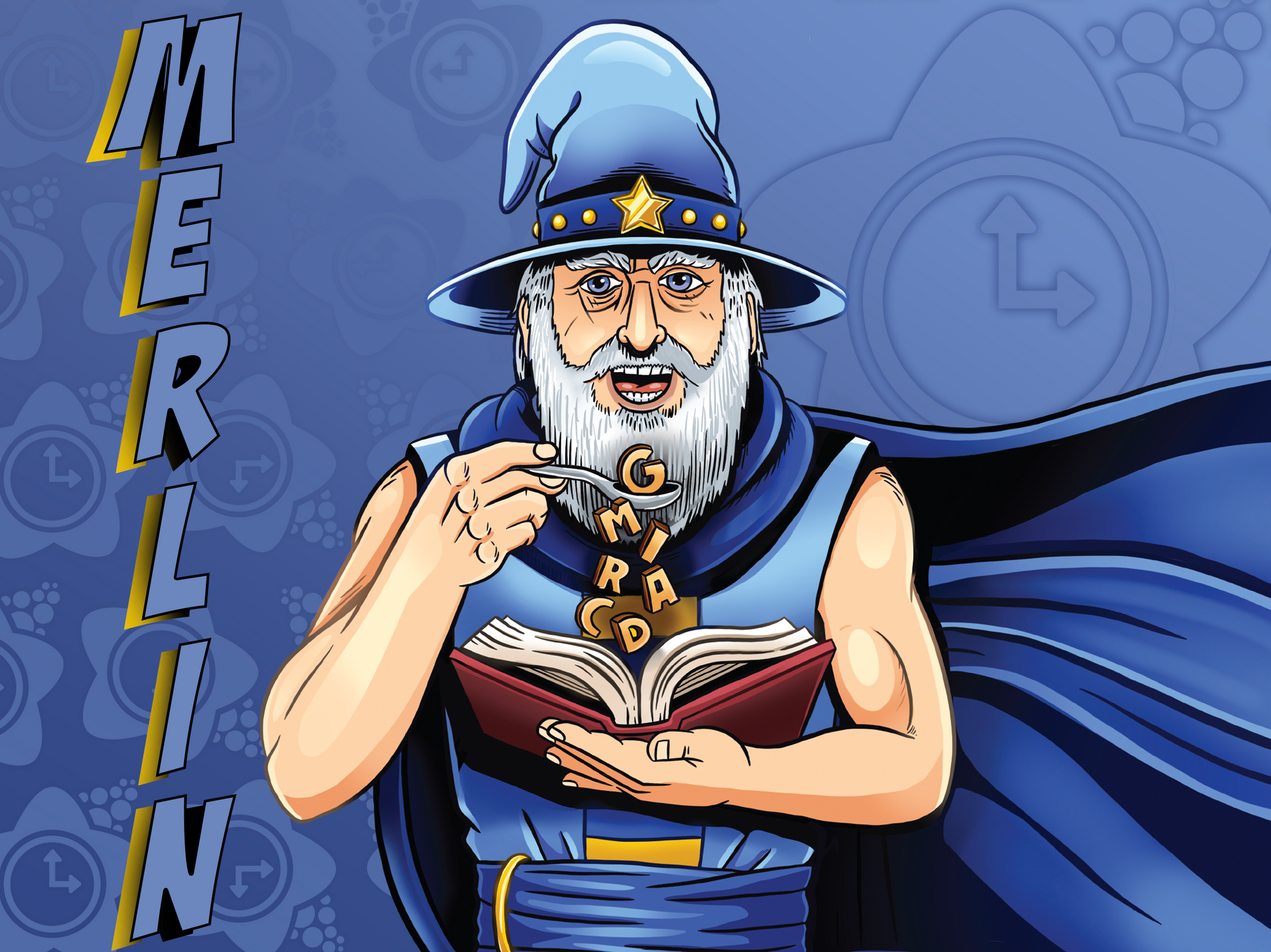 Comic style legendary wizard, wearing a sky blue cape and holding a magical book with star and clock icon in background, with name title Merlin