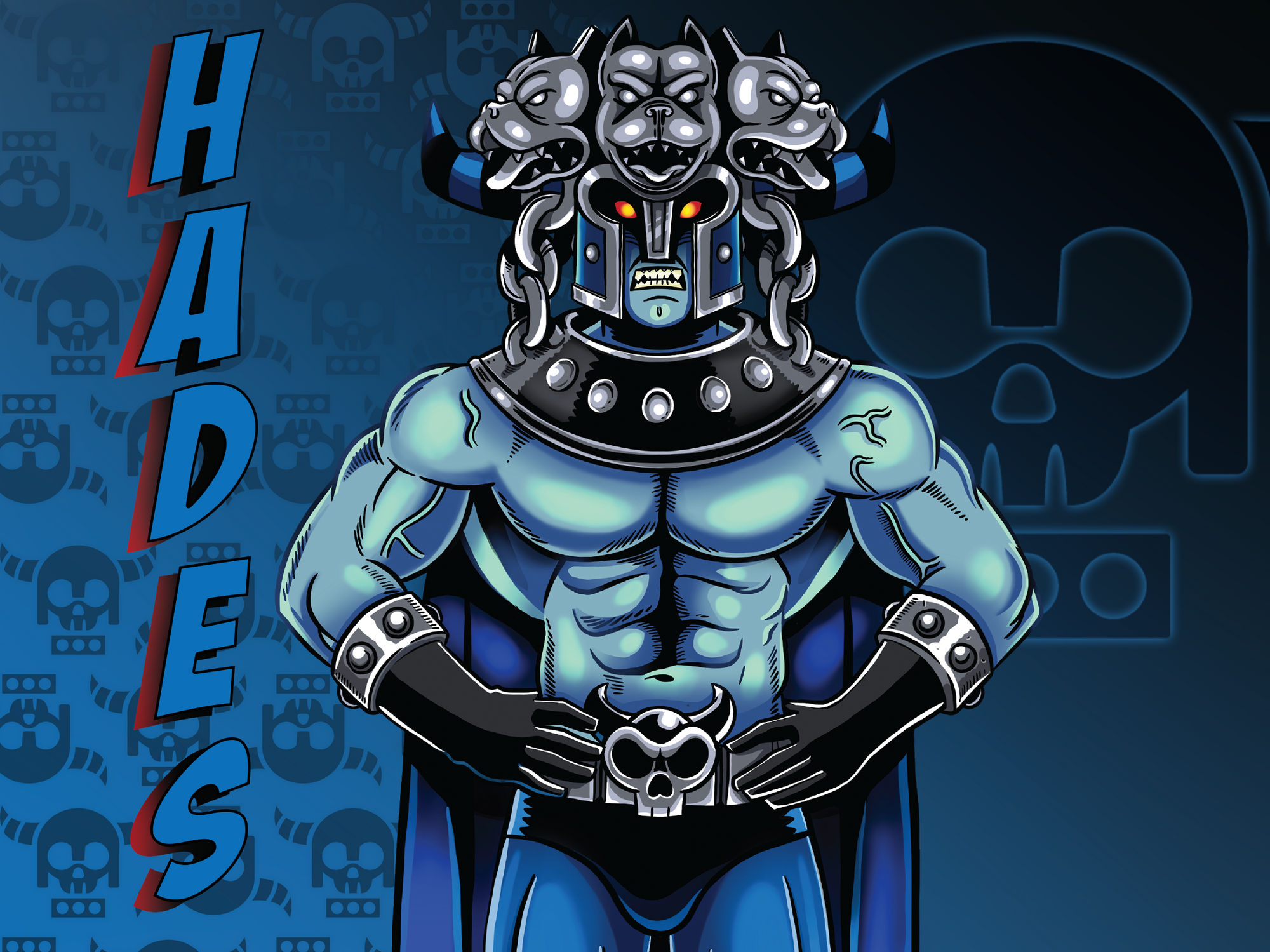 Comic style Greek Mythology character, wearing Cerberus helmet with navy and black horns, and skull belt with horned skull icon in background, with name title Hades