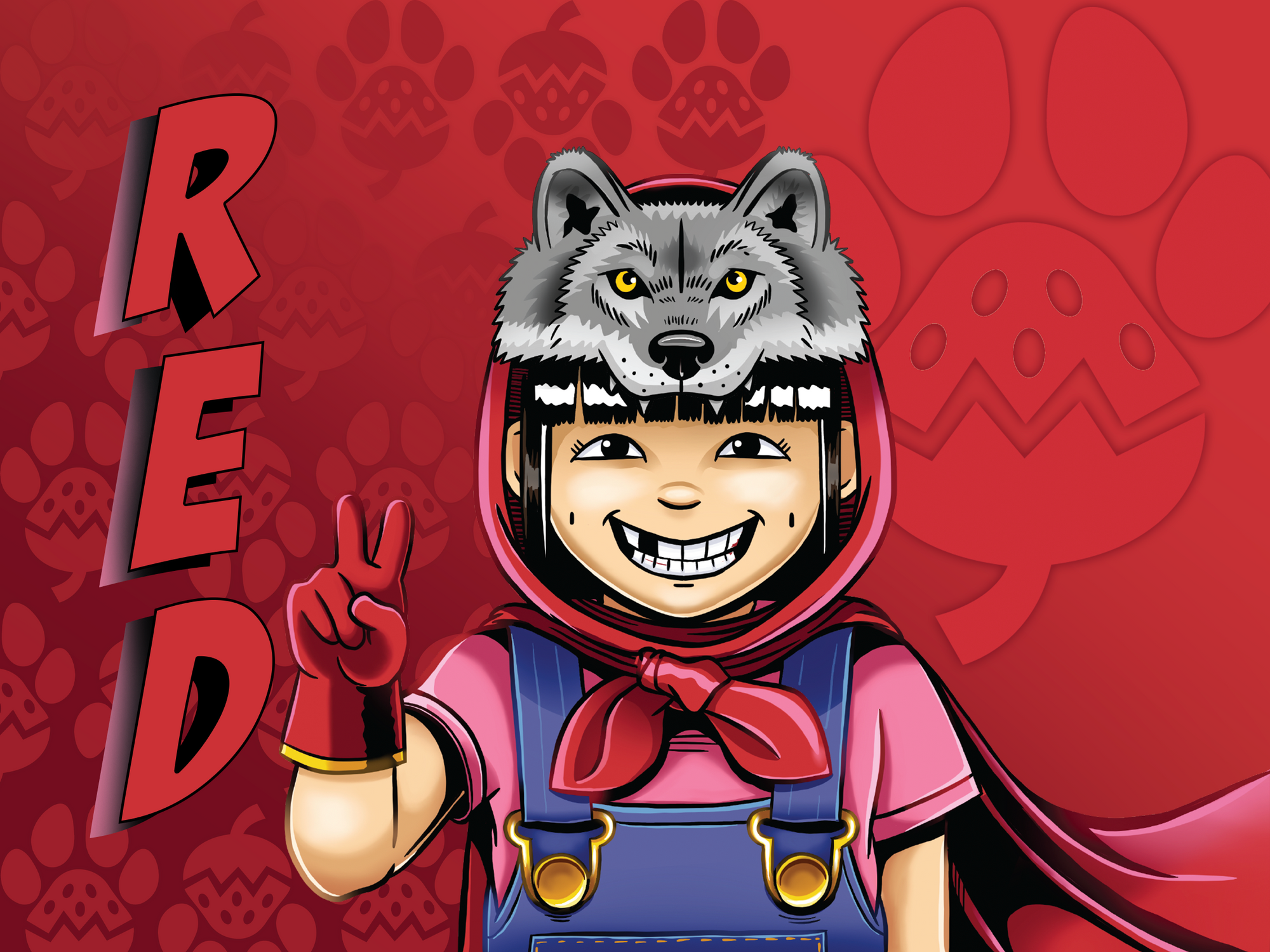 Comic style folk lore character, wearing wolf hat and candy apple red cape with berry wolf footprint icon in background, with name title Red