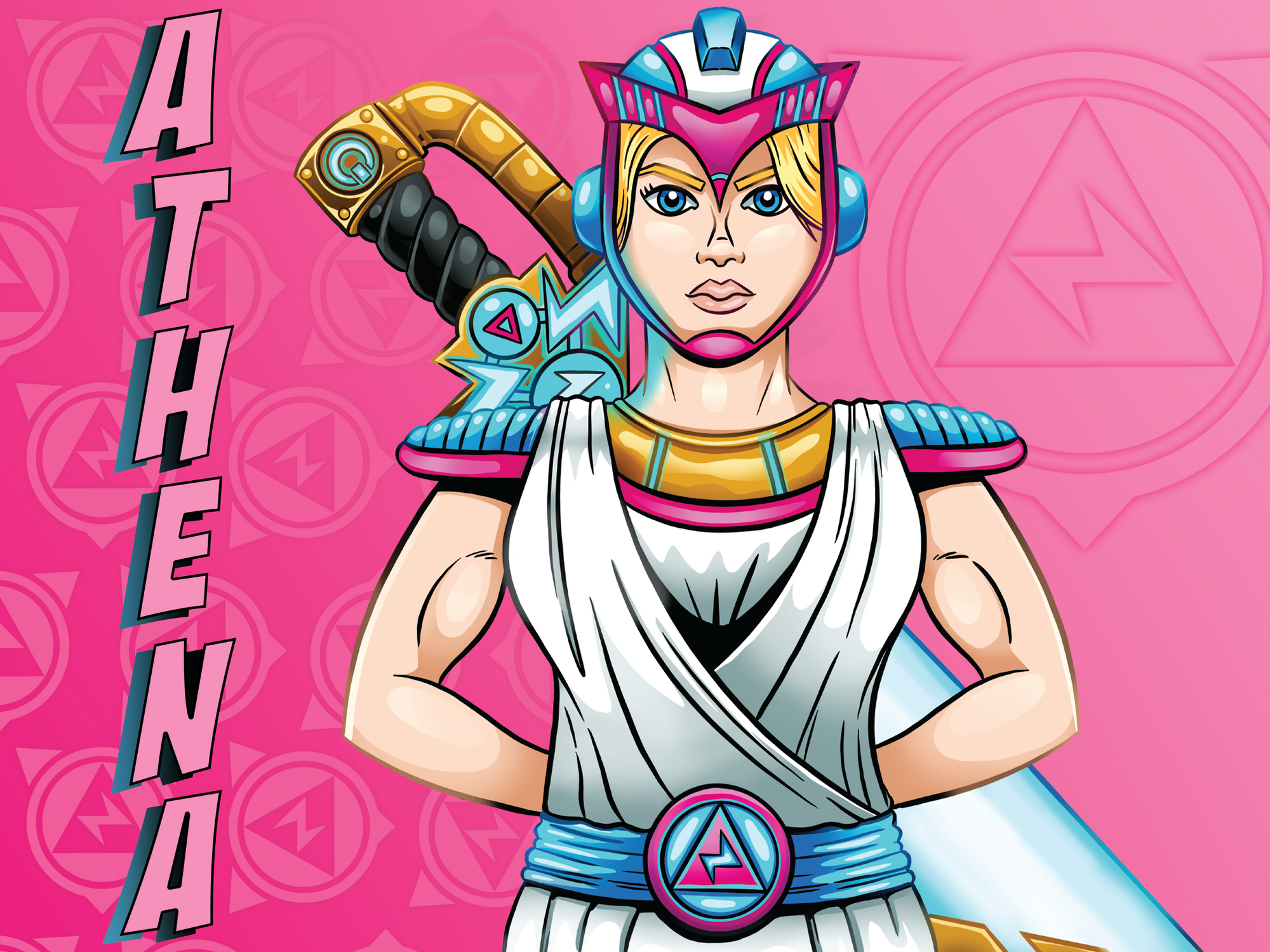 "Comic style Greek Mythology character, with large sword, lightning bolt belt, and magenta cyborg battle ready helmet with circular electricity icon in background, with name title Athena "