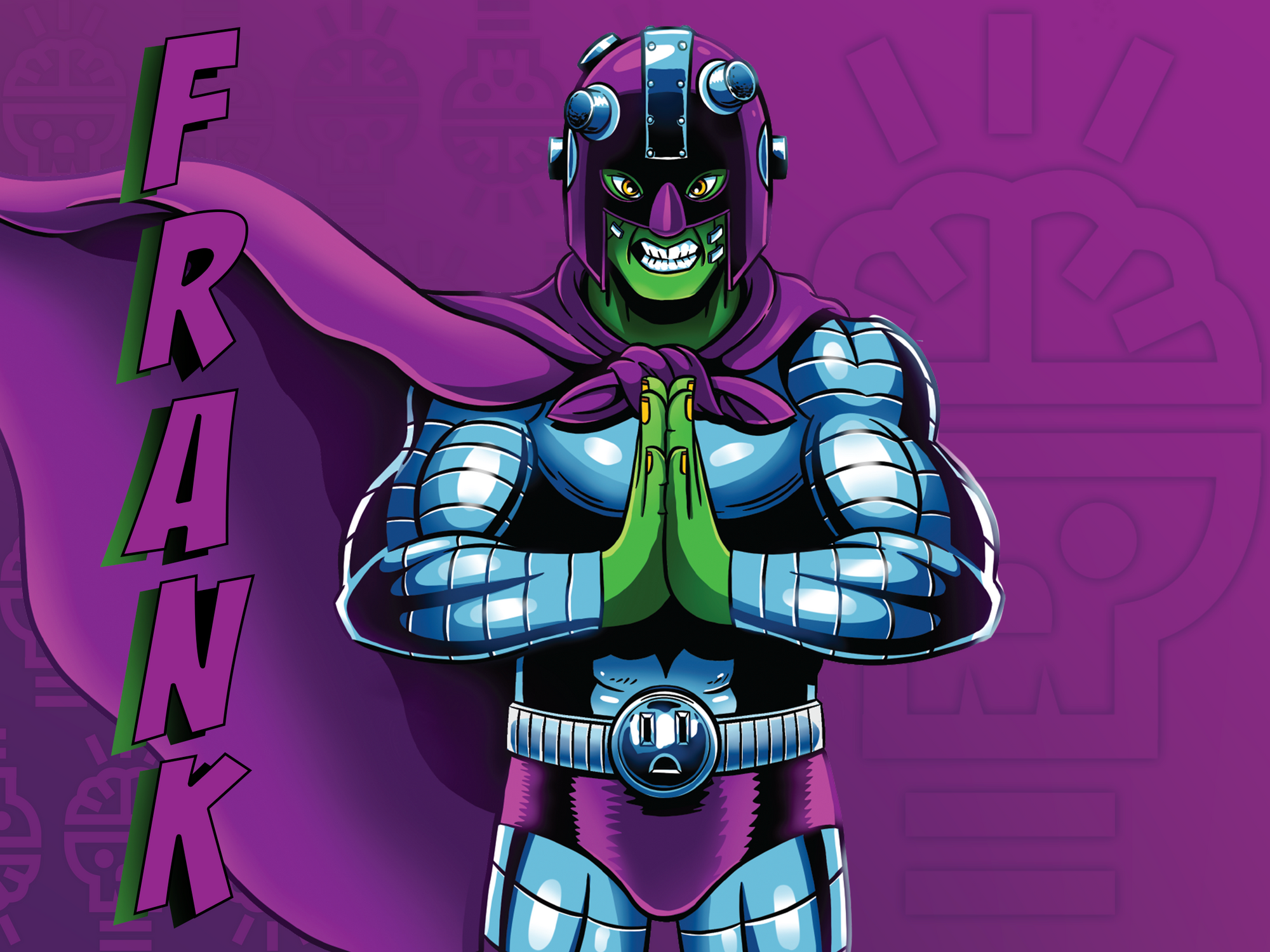 "Comic style monster character, wearing studded hot purple helmet and metallic silver tone accents with lightbulb skull brain icon in background, with name title Frankenstein "