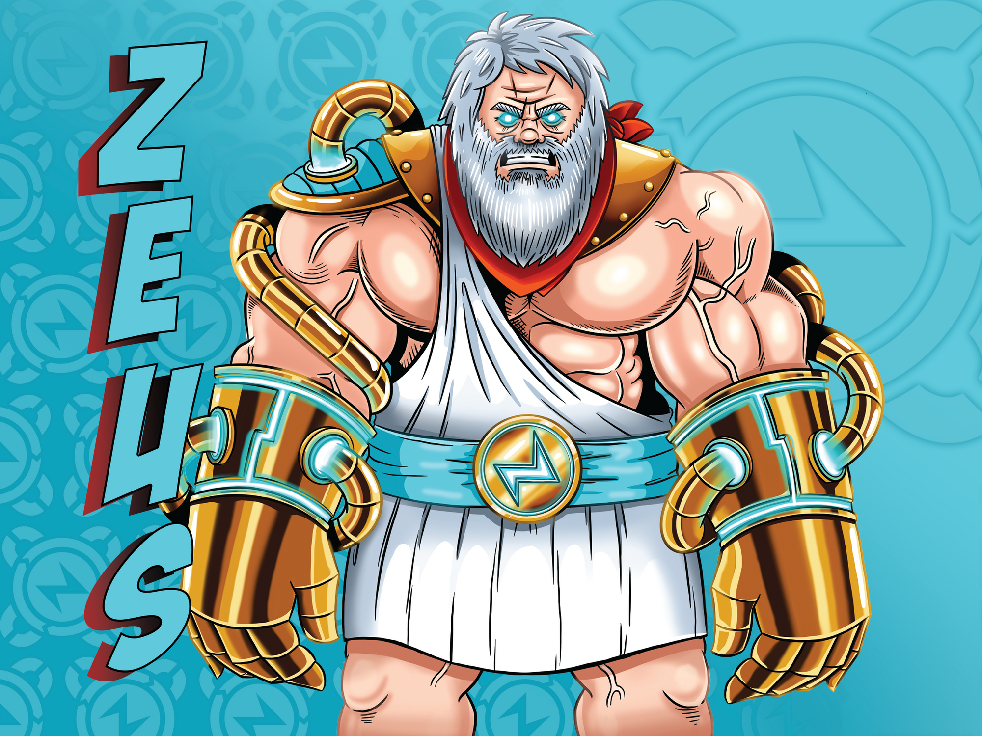 "Comic style Greek Mythology character, wearing arctic blue lightning bolt belt with circular electricity icon in background, with name title Zeus "