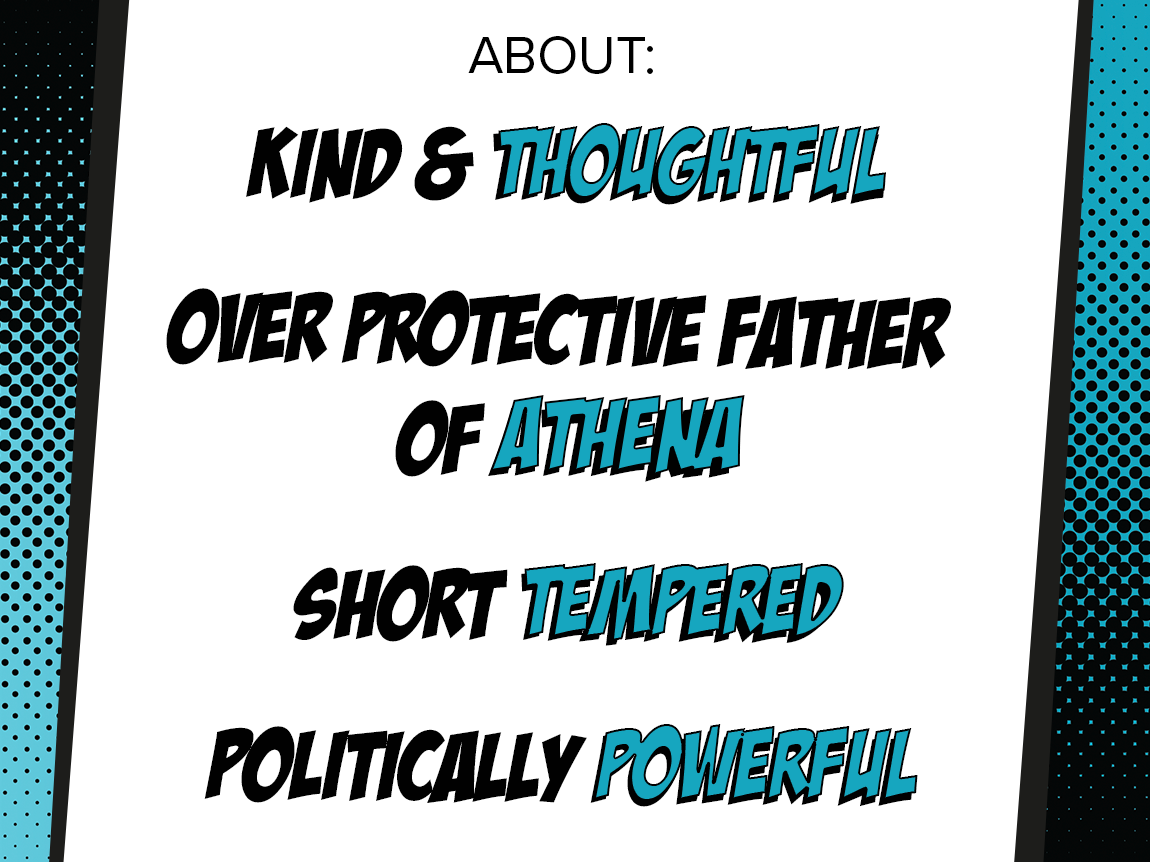 Teal halftone background with text about Zeus reading; "Kind & thoughtful", "Overprotective father of Athena", "Short Tempered", and "Politically powerful"