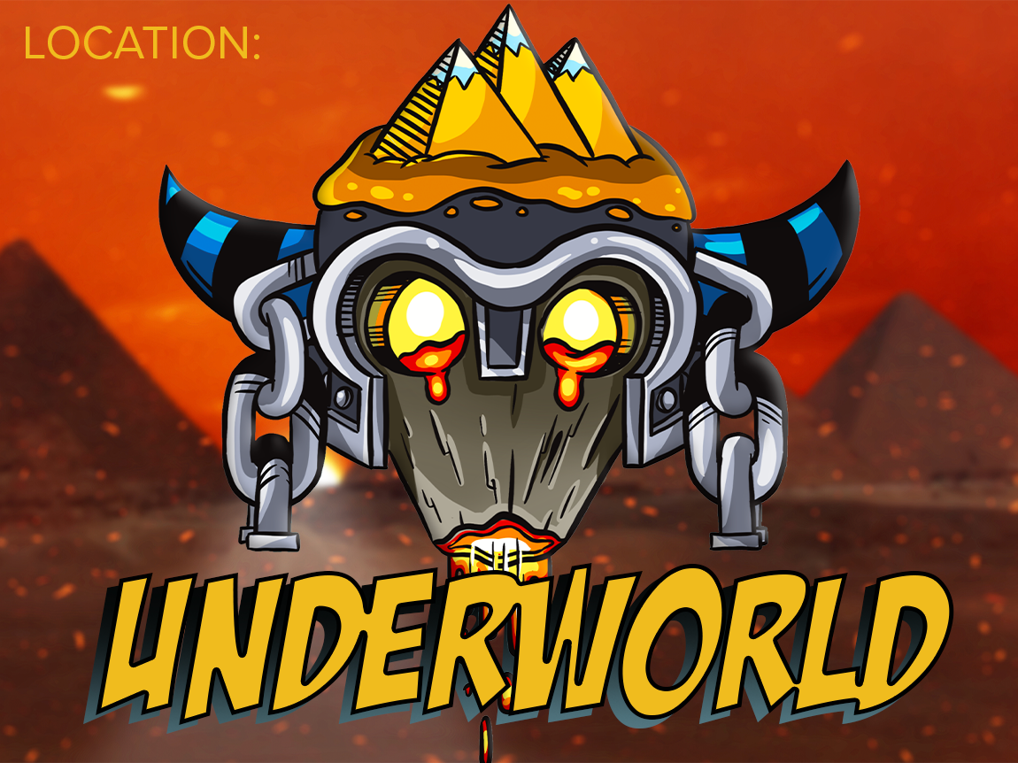 Text, "Underworld" on a realistic background of a desert with pyramids and illustrated image of Smashcraft's Underworld in the foreground.