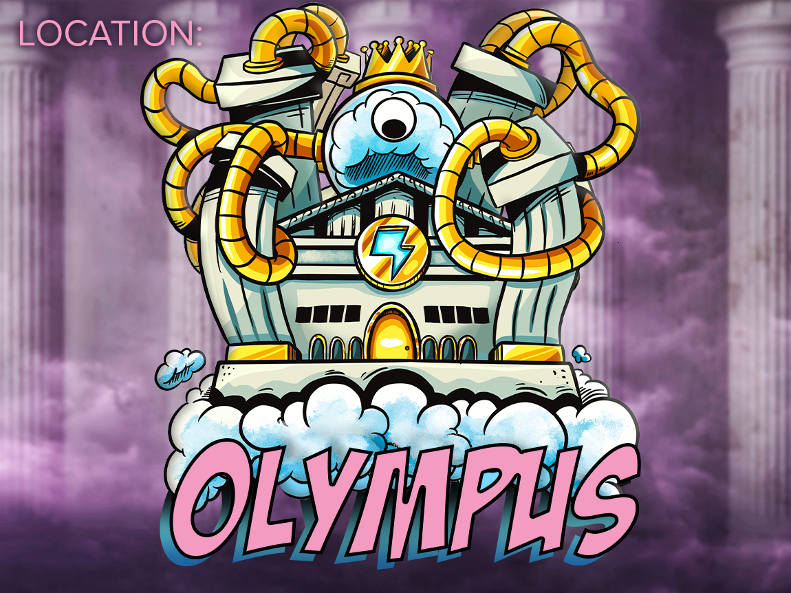 Text, "Olympus" on a realistic background of pink tone ancient Greek columns, illustrated image of Smashcraft's Olympus in the foreground.