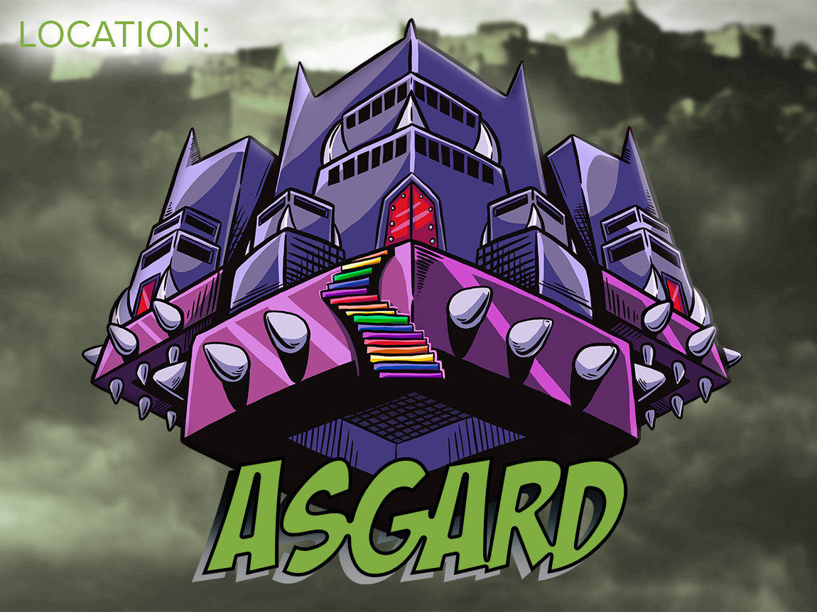 Text, "Asgard" on a realistic background of a city kingdom and illustrated image of Smashcraft's Asgard in the foreground.
