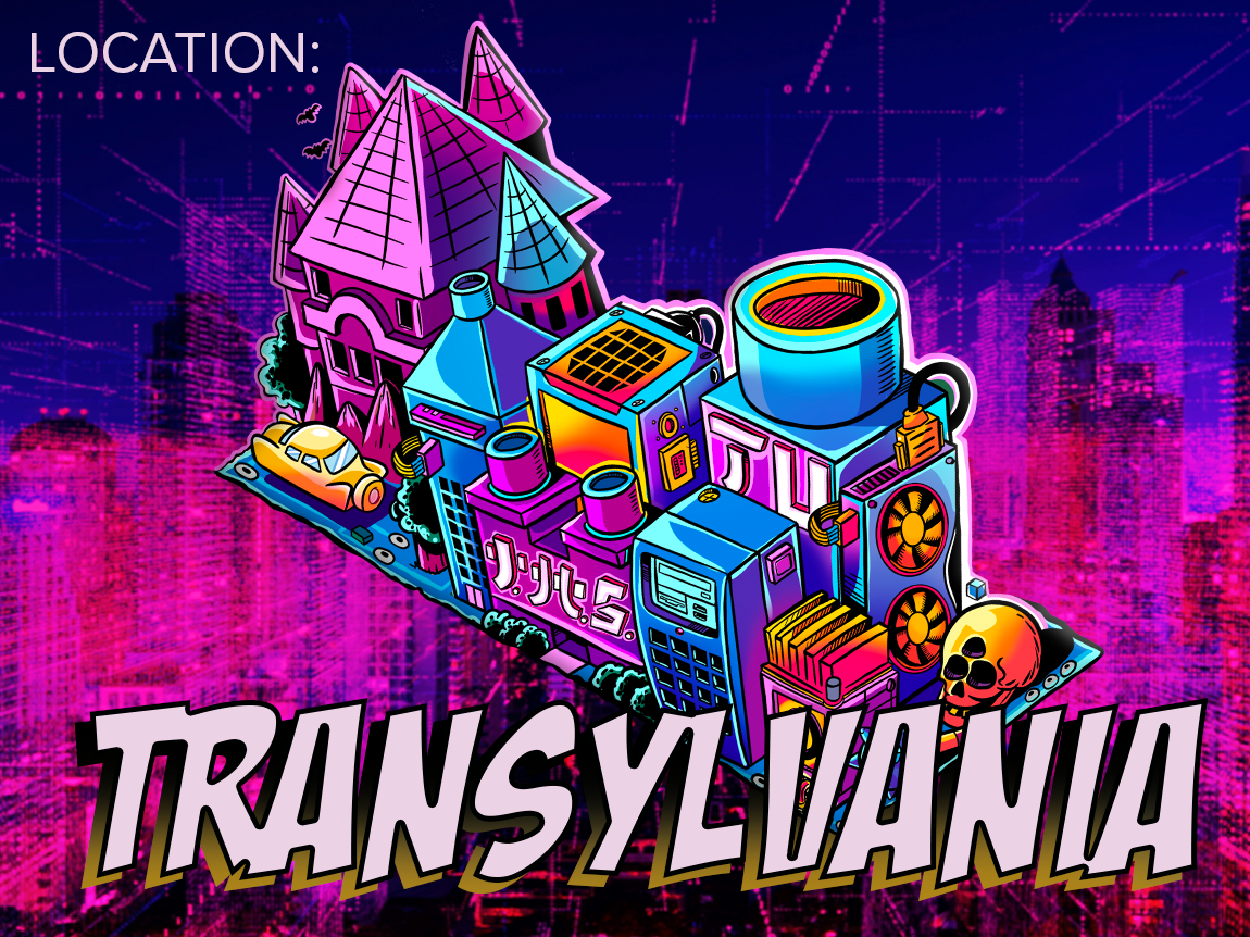 Text, "Transylvania" on a realistic background of a high tech city, illustrated image of Smashcraft's Transylvania in the foreground.