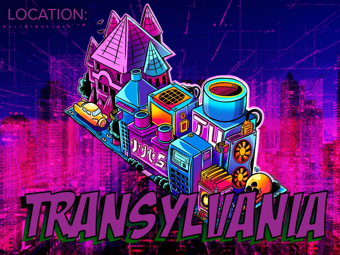 Text, "Transylvania" on a realistic background of a high tech city, illustrated image of Smashcraft's Transylvania in the foreground.