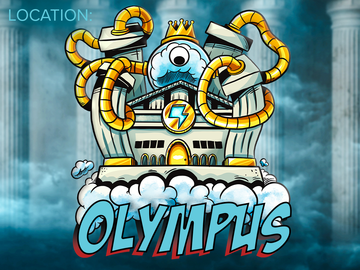 Text, "Olympus" on a realistic background of teal tone ancient Greek columns, illustrated image of Smashcraft's Olympus in the foreground.