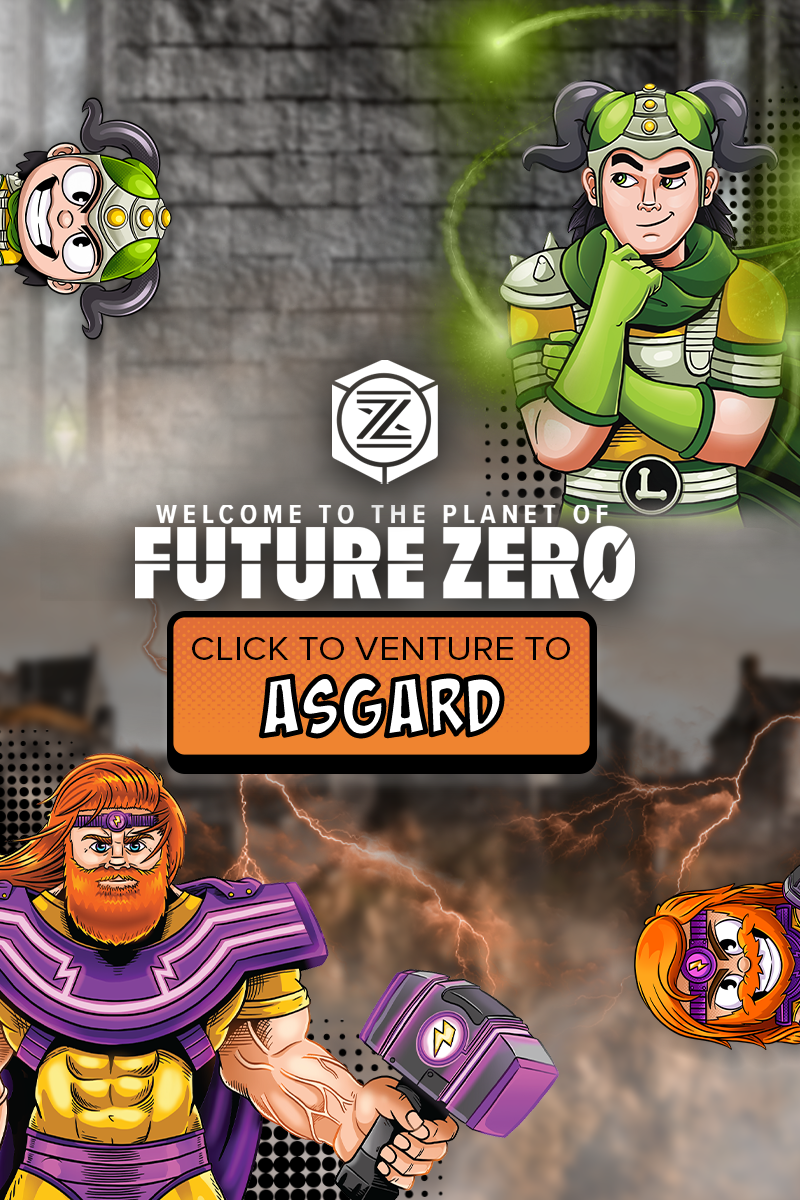 Smashcraft Comic Loki and Thor in Asgard. Planet Future Zero icon and logo saying "Welcome to the planet of Future Zero". Chibi Loki and Chibi Thor peeking up from bottom of image.