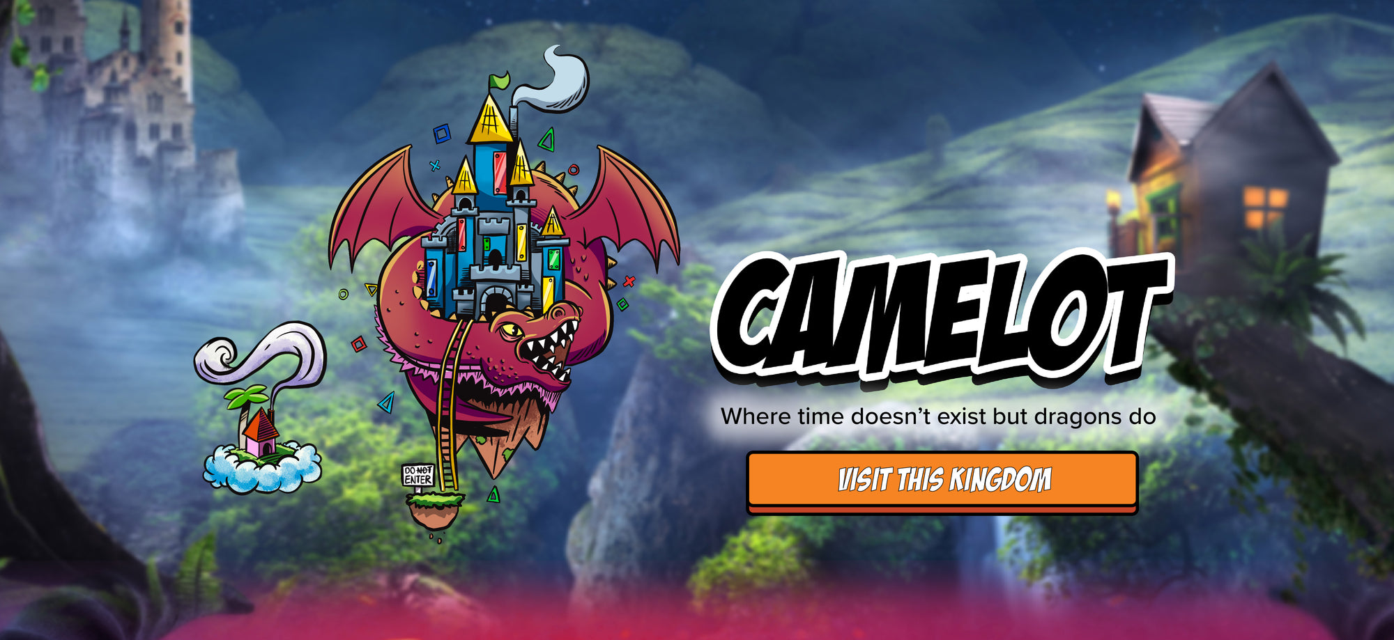 Illustrated image of Smashcraft's Camelot and Merlin's floating hut, on a realistic image of a magical hut and distant castle with text "Camelot, where time doesn't exist but dragons do", and a button with the words "visit this kingdom"