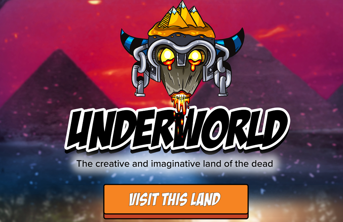 Illustrated image of the Underworld on a realistic sunset in the desert with text, "Underworld, the creative and imaginative land of the dead", and a button with the words "visit this land"