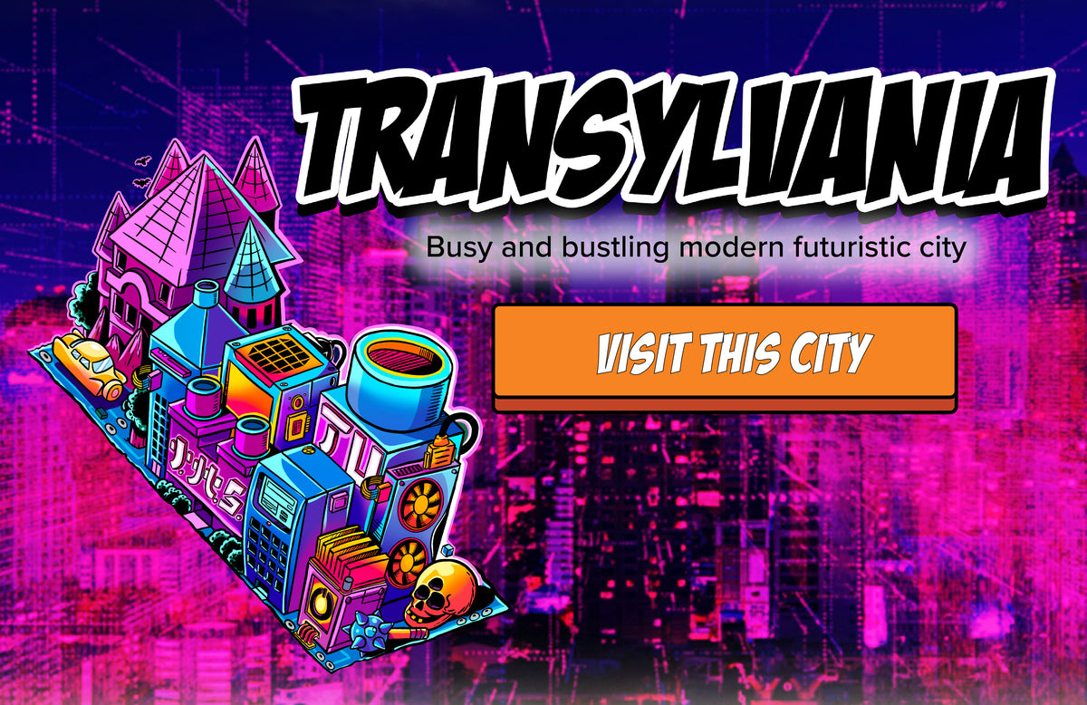 Realistic image of purple futuristic city with illustrated image of Transylvania in the foreground and the words "Transylvania, busy and bustling modern futuristic city", and a button with the words "visit this city"