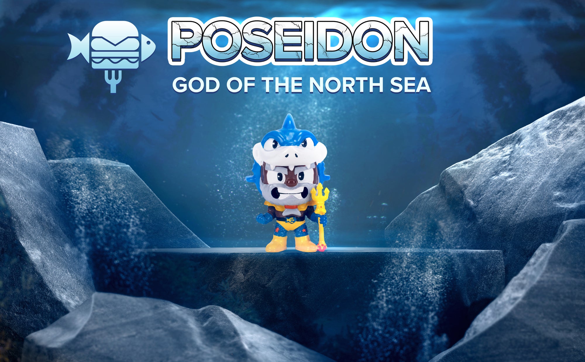 Poseidon Smashcraft collectible in realistic ocean. Text "Poseidon, god of the North Sea" and Poseidon's fish burger logo