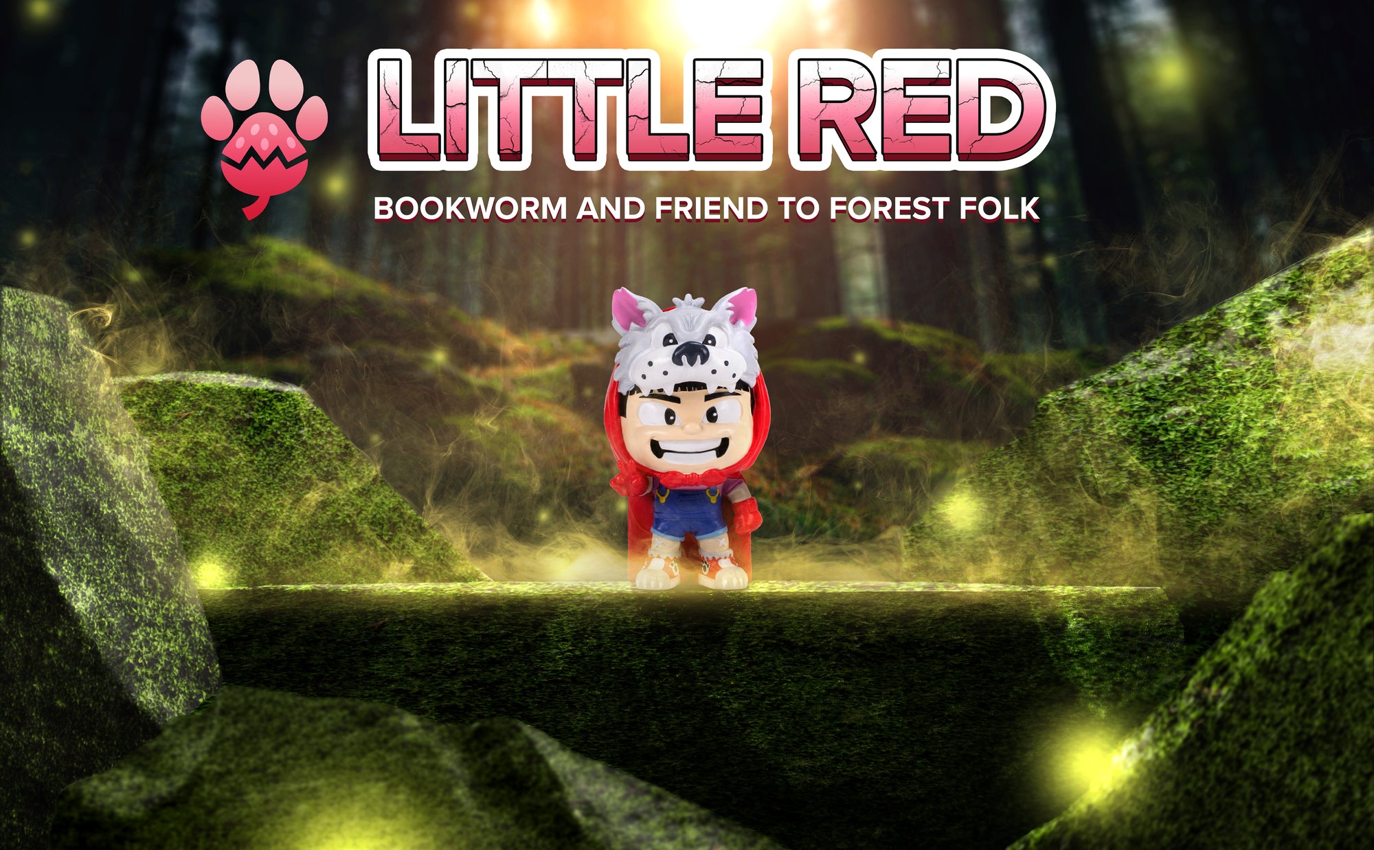 Little Red Riding Hood Smashcraft collectible in realistic enchanted woods, Fantum Forest. Text "Little Red, Bookworm and friend to forest folk" and Little Red's berry wolf logo