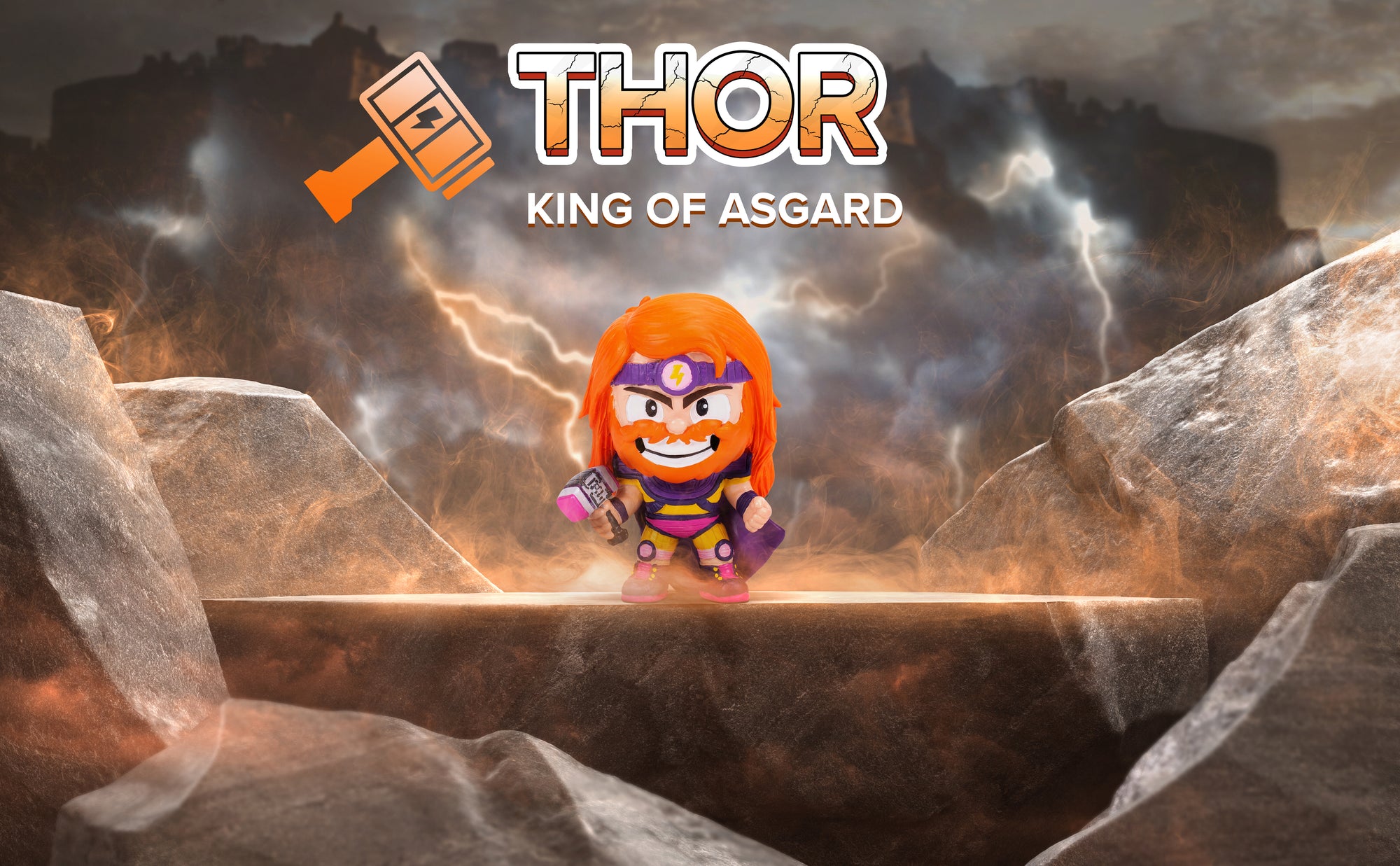 Thor Smashcraft collectible in realistic city with lightning, Asgard. Text "Thor, King of Asgard" and Thor's electric hammer logo