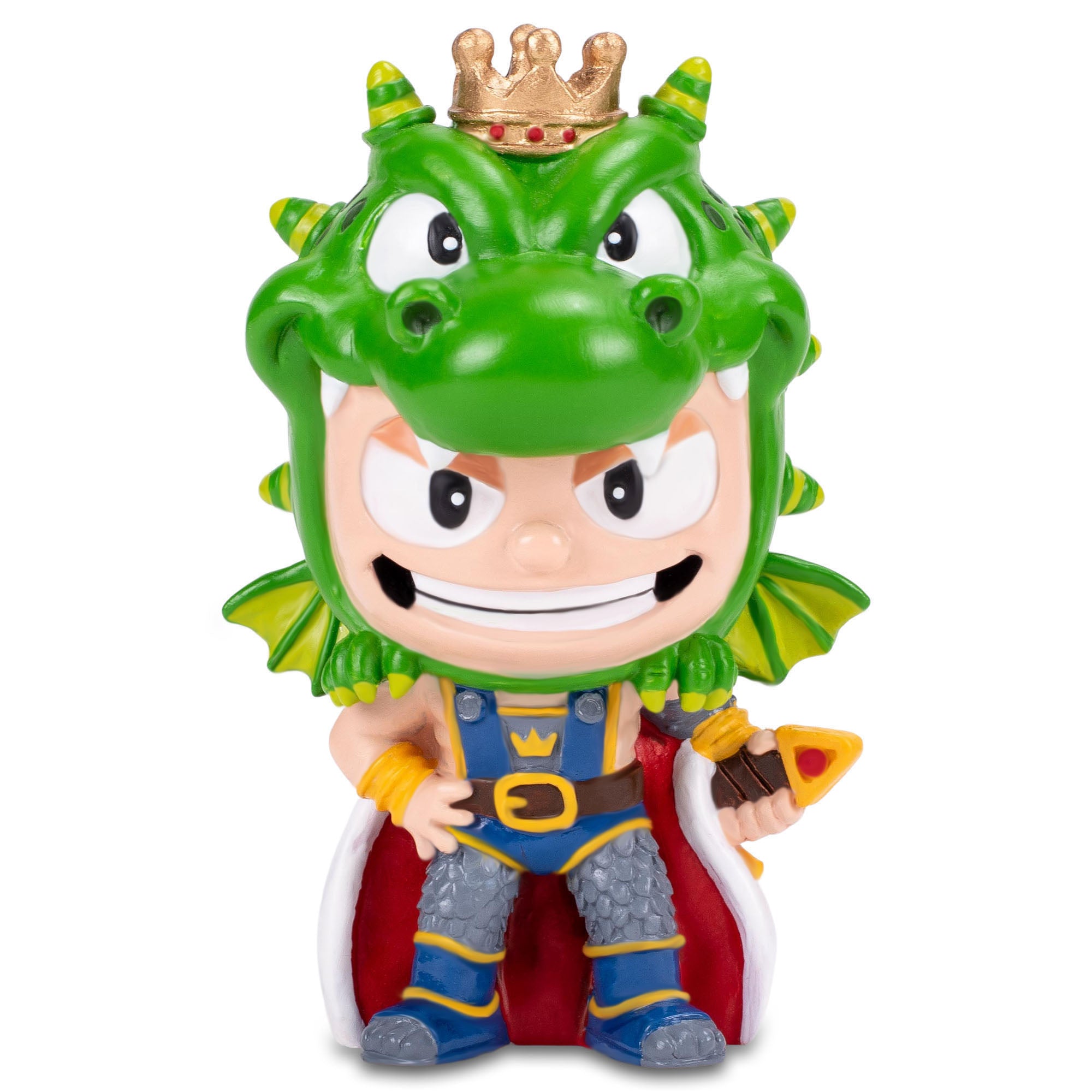 Front angle of legendary King of Camelot, Arthur Pendragon, action figure with a crown and a dragon hat and cloak of emerald green.