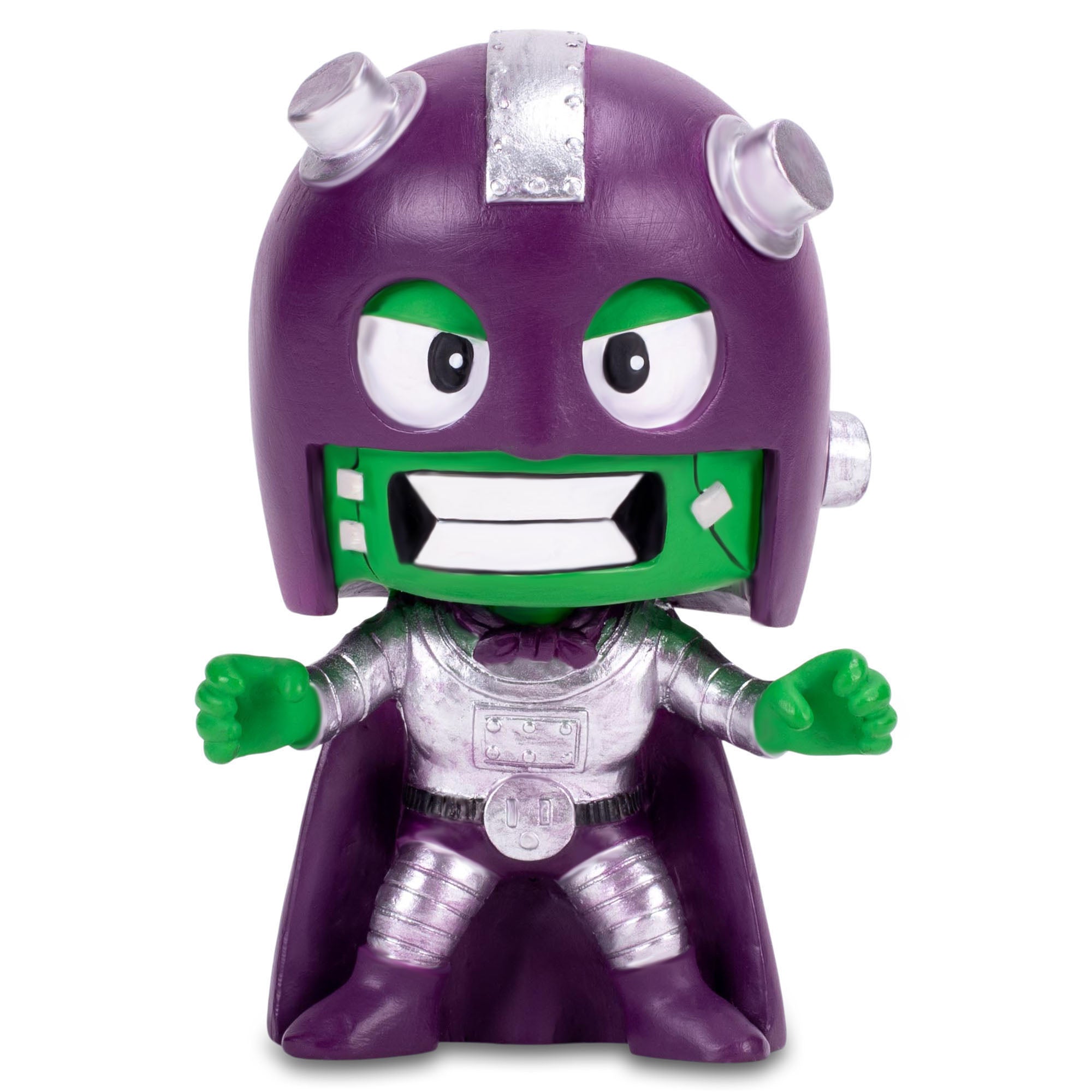 "Front angle of monster character, Frankenstein, action figure with studded hot purple helmet and metallic silver tone accents "