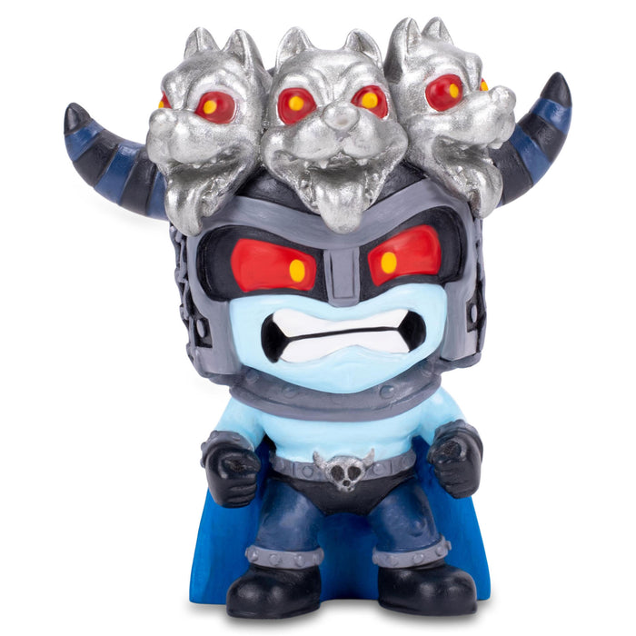 Front angle of Greek Mythology character, Hades, action figure with Cerberus helmet with navy and black horns, and skull belt