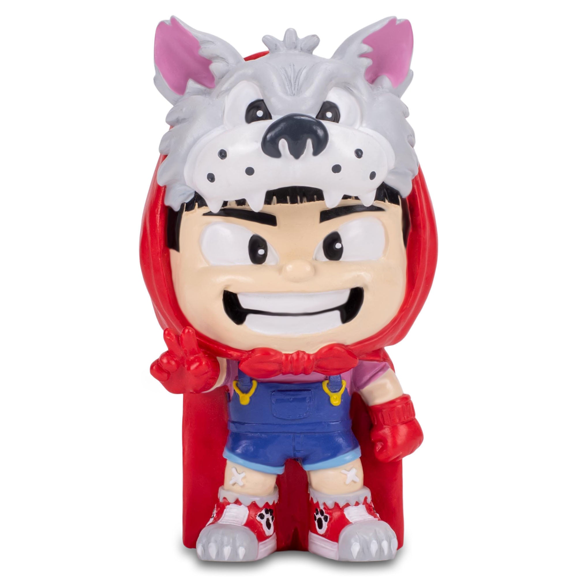 Front angle of folk lore character, Little Red Riding Hood, action figure with wolf hat and candy apple red cape.