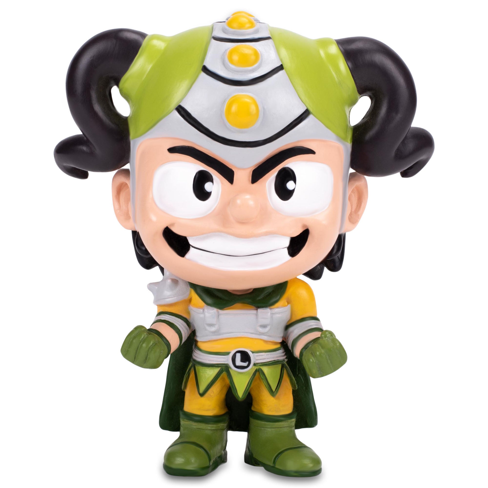 Front angle of Norse folk lore character, Loki, action figure with horned lemon lime helmet and a manic grin